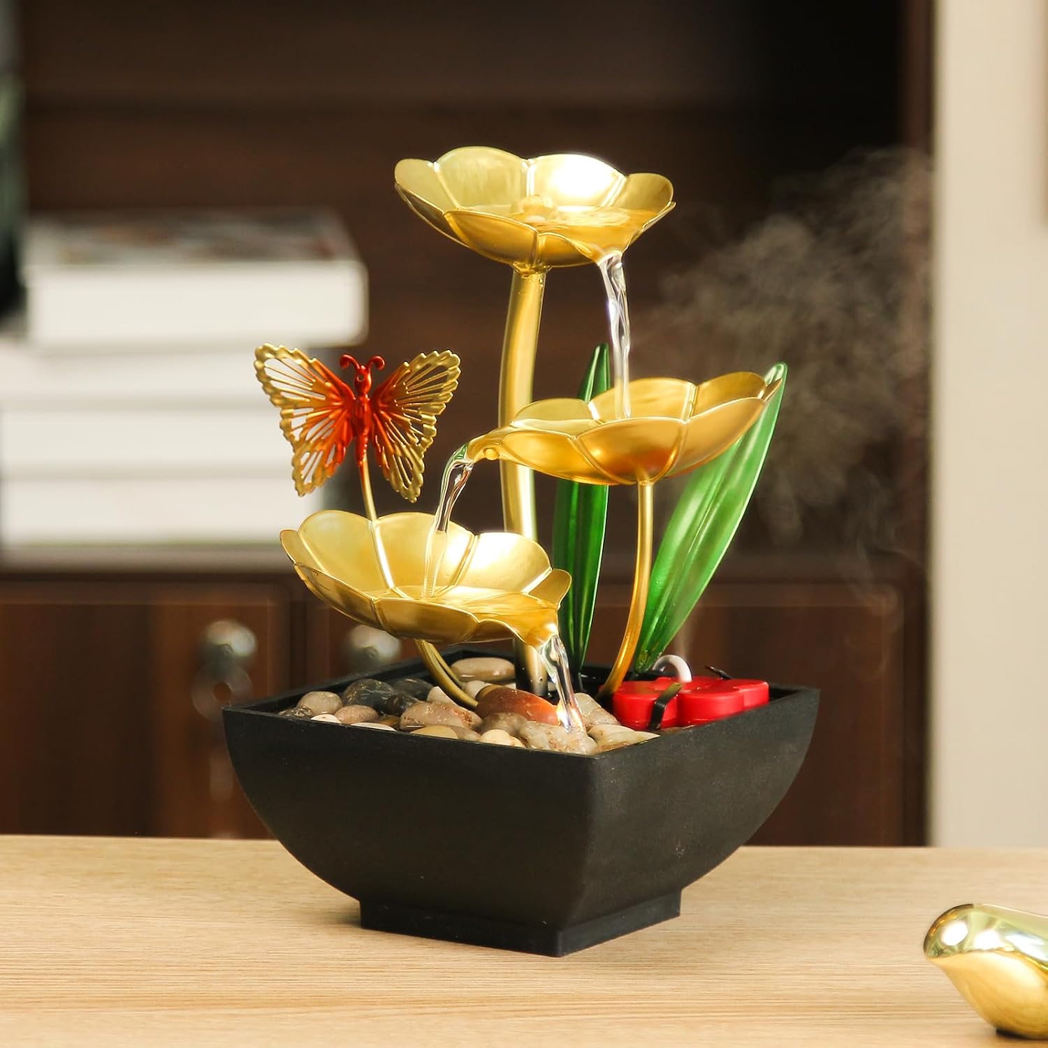 TiCin USB-Powered 3-Tier Tabletop Fountain Humidifier with Natural Rocks and LED Lights, Decorative Humidifier for Bedroom (Yellow)