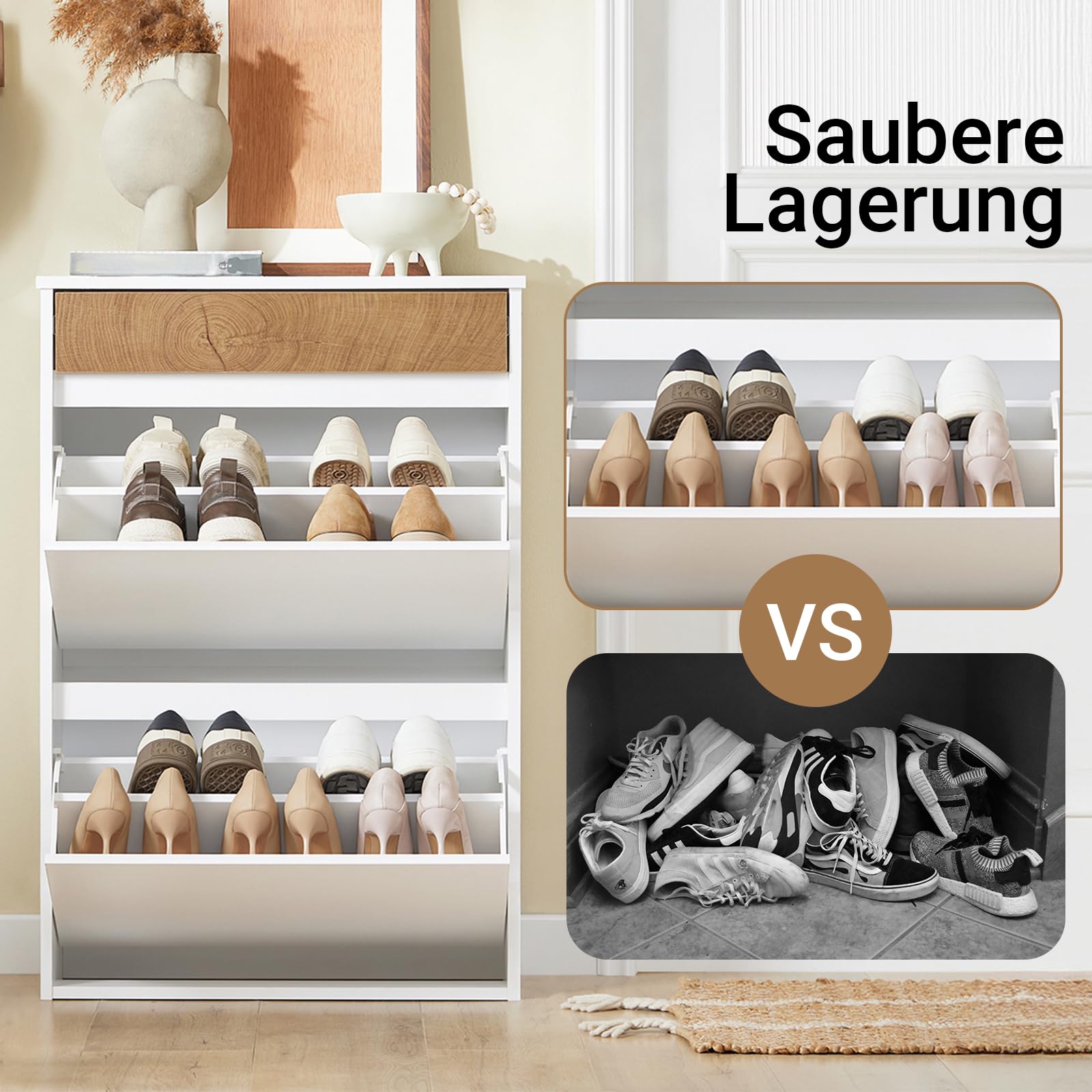 SoBuy Schuhschrank Schmal Hoch – Schuhkipper Schmal mit 2 Klappen & Schublade, platzsparend & modern – Flur Möbel für Eingang, Korridor, Wohnung – 61x26x91cm, Weiß & Holzoptik – FSR205-WN