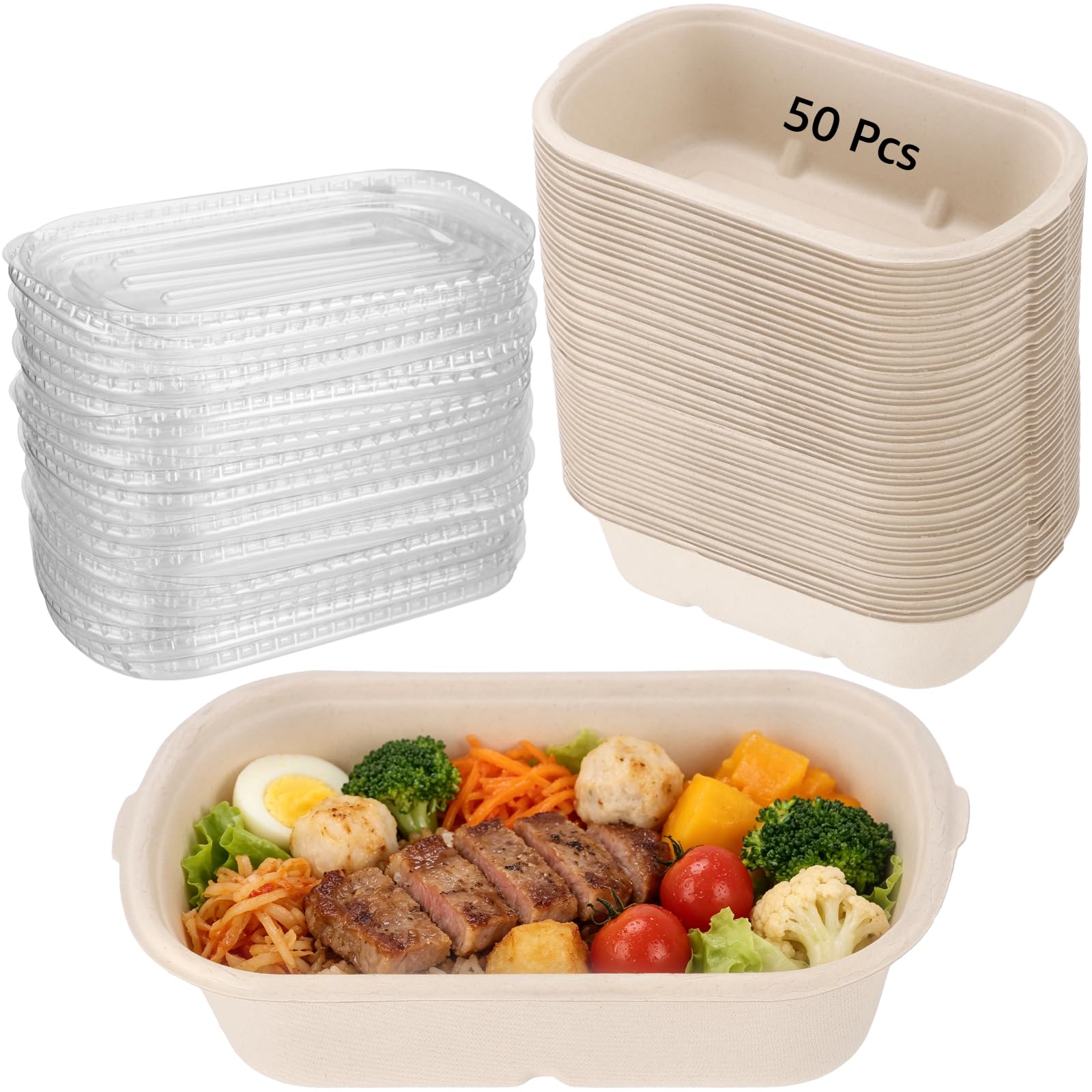50 Stk. Einweg-Lebensmittelbehälter mit Deckel, 700 ml Papier-Food-Box mit 1 Fach, ölabweisender Salatbehälter mit PET-Deckel, 19 x 12,5 cm für Salat, Reste, Pasta, Obst, zum Mitnehmen