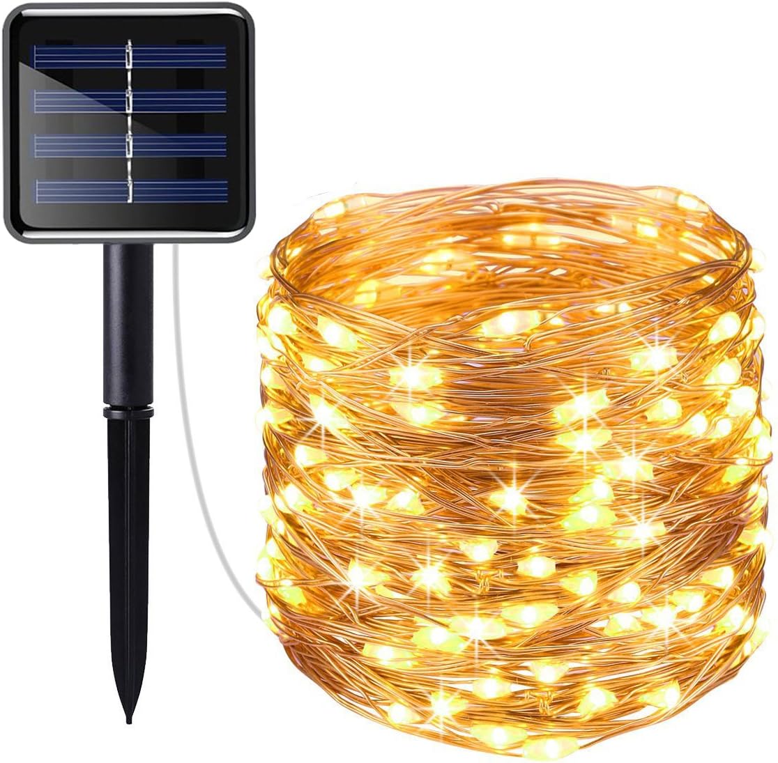 Usboo Waterproof Outdoor and Indoor Solar String Lights 100 LED Fairy Lights for Christmas Party Wedding Garden Decorations Solar Powered Garden Lights 8 Modes 10Meters (1 Pack, Warm White)