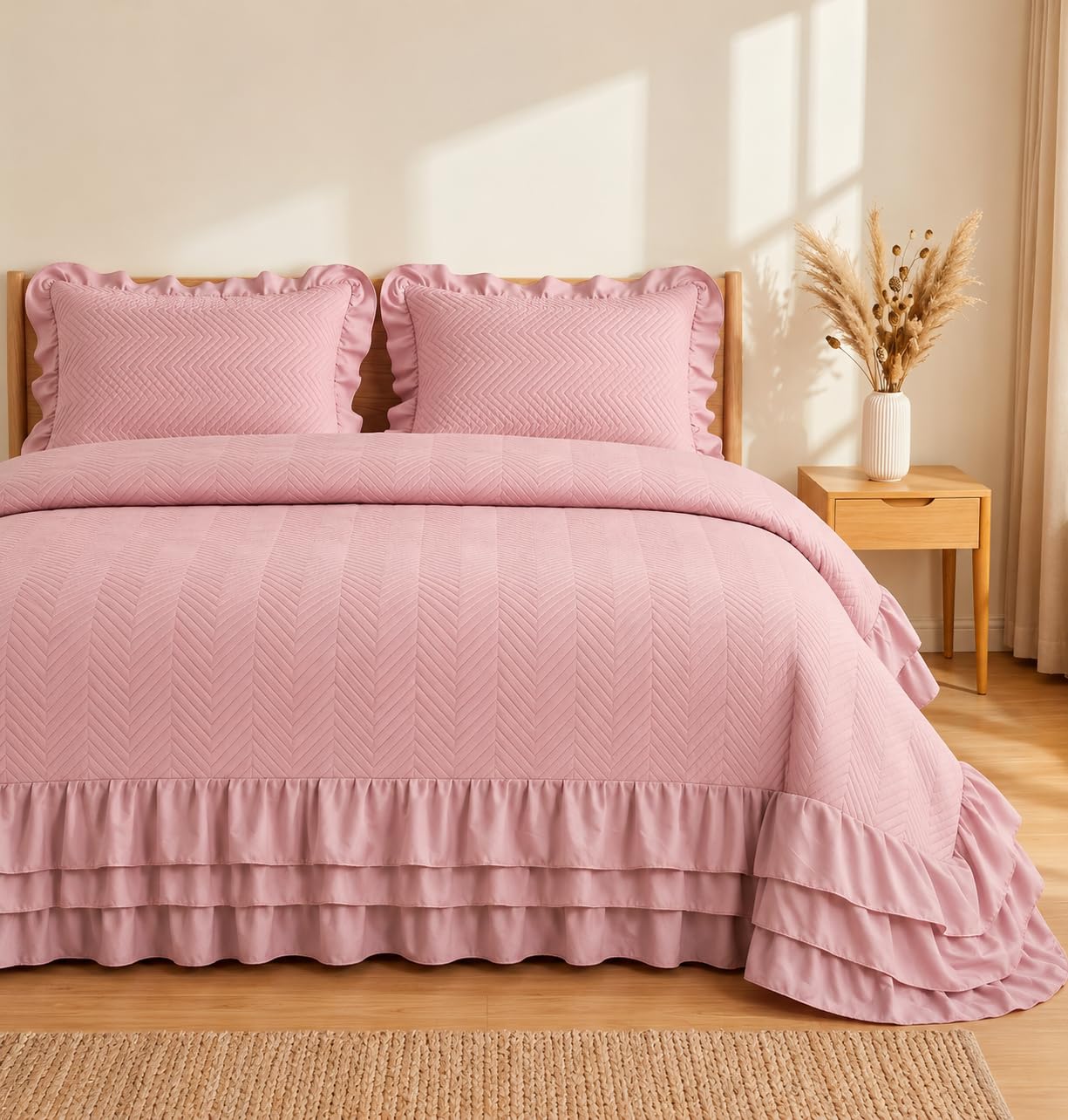 sanmarino luxury 100% cotton king size ultrasonic bedcover set with 2 pillow covers | ultra soft & breathable chevron quilted bedspread with all side frill border, bedding set(90x100 inch) pink