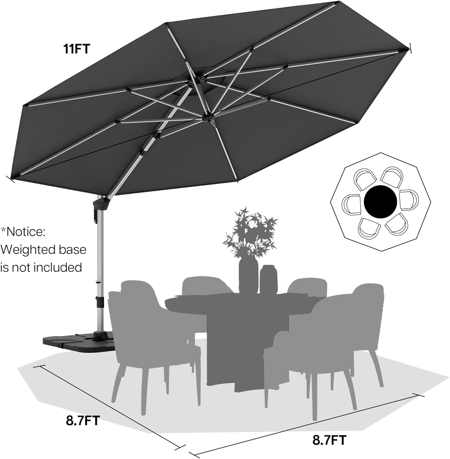 paramondo Patio Umbrella, 11FT Outdoor Cantilever Umbrella with 360-degree Rotation for Garden, Deck, Backyard, Pool and Beach, Grey