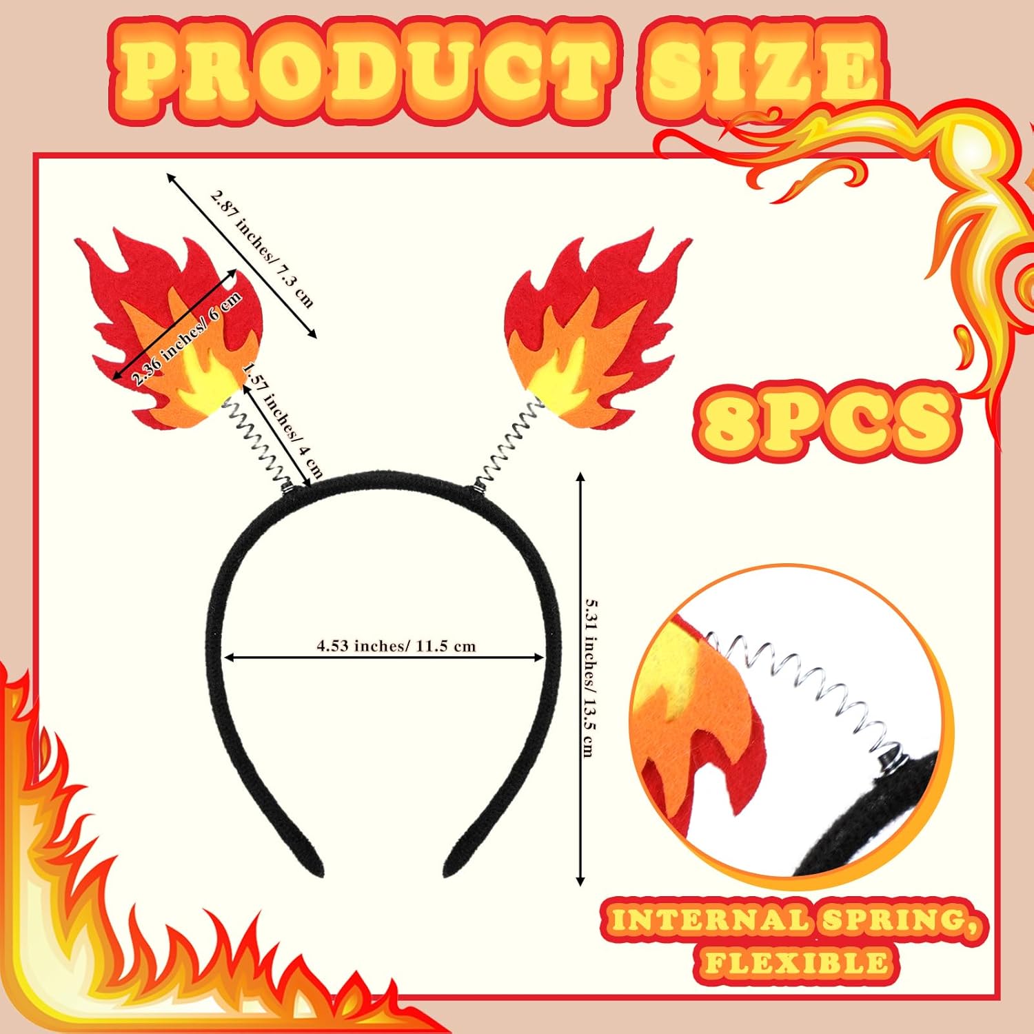 8 Pcs Flame Headband Fire Headpiece Flame Crown Felt Fire Accessories for Carnival Costume Cosplay Party Photo Props - Image 3