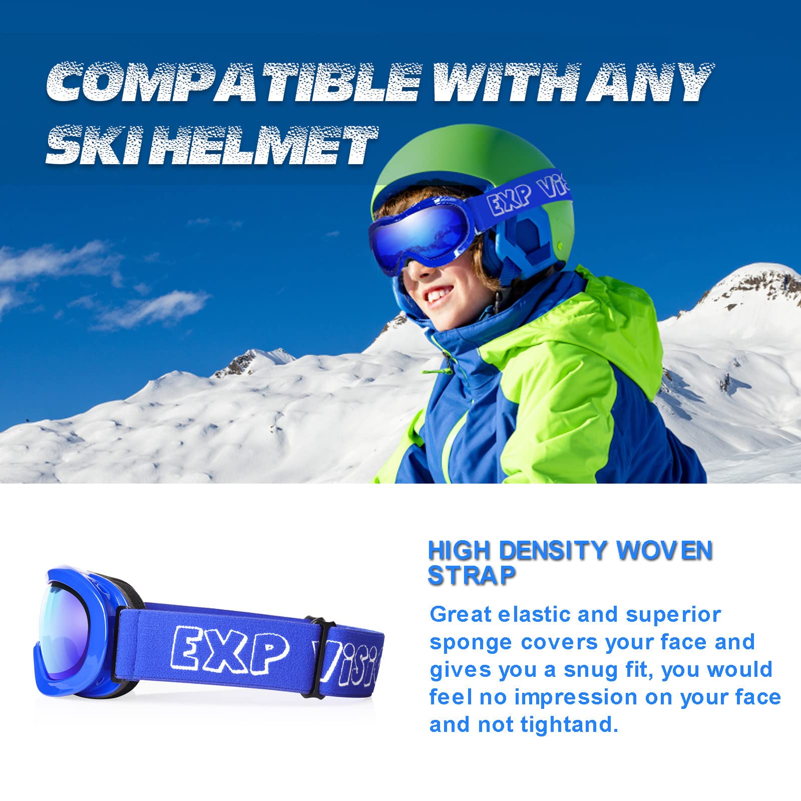 Gogle narciarskie dla dzieci, przeciwmgielne okulary, dla dzieci, gogle snowboardowe z ochroną UV, dwuwarstwowe soczewki, gogle śnieżne dla chłopców, dziewcząt, młodzieży (niebieska rama/niebieska soczewka)