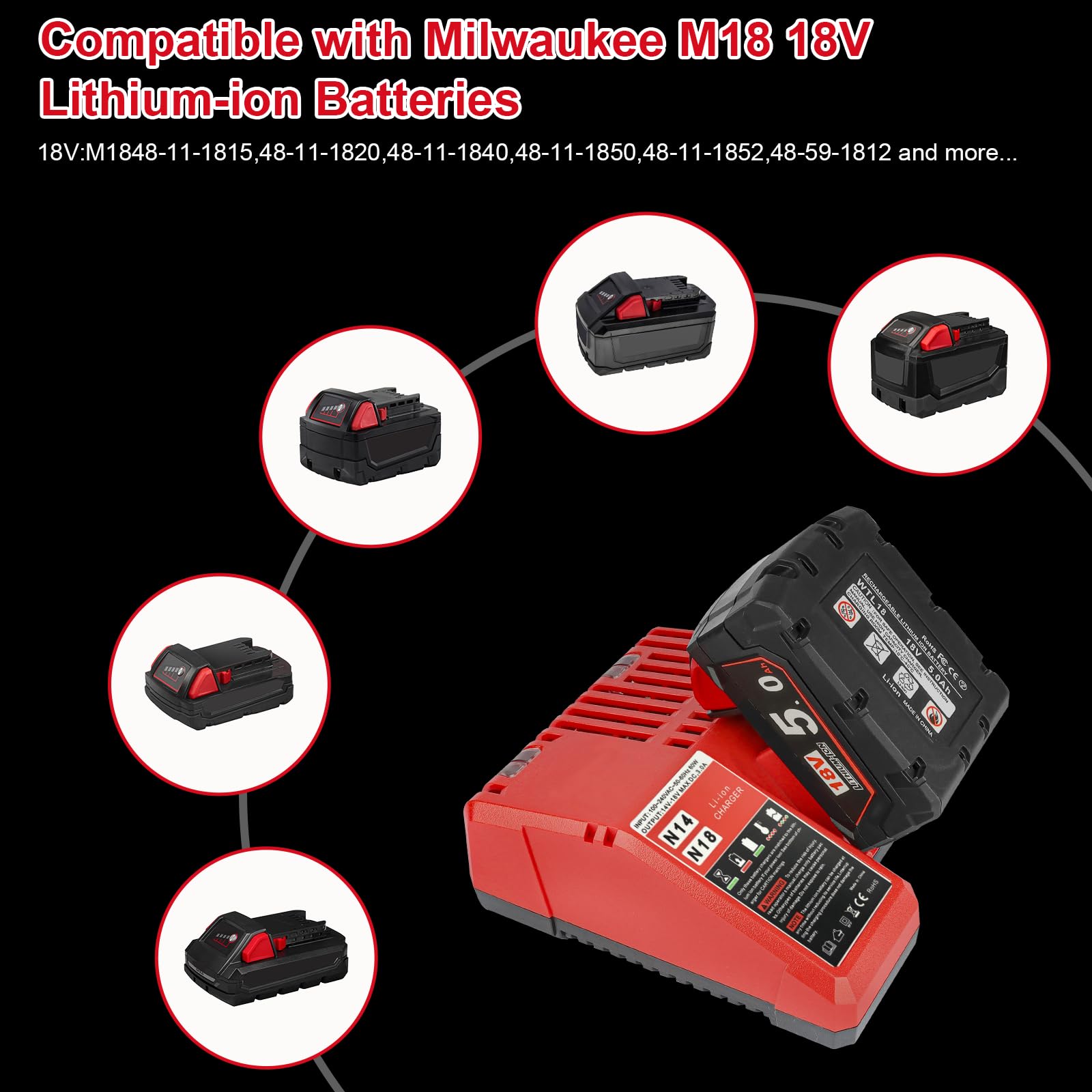 2x18V 5.0Ah Batteria Caricabatterie Kit Compatibile Con Milwaukee | Caricabatterie Rapido M18 compatibile con Milwaukee batterie 48-11-1815/1820/1828/1840/1850/1852/1860