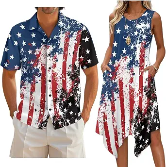 Matching Hawaiian Outfits for Couples Short Sleeve Men Hawaiian Shirt and Women's Sleeveless Midi Dress