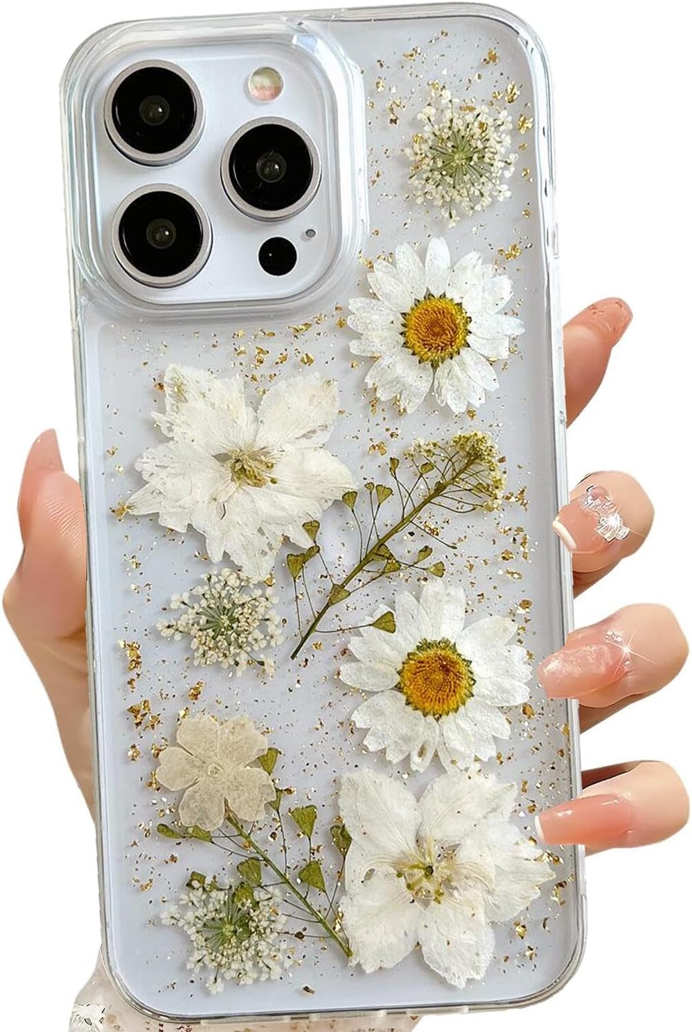 LSEEKA for iPhone 13 Pro Max Clear Case with Pressed Real Flowers Design,Glitter Cute White Floral Pattern Slim Soft TPU Protective Women Girl's Phone Cover for iPhone 13 Pro Max
