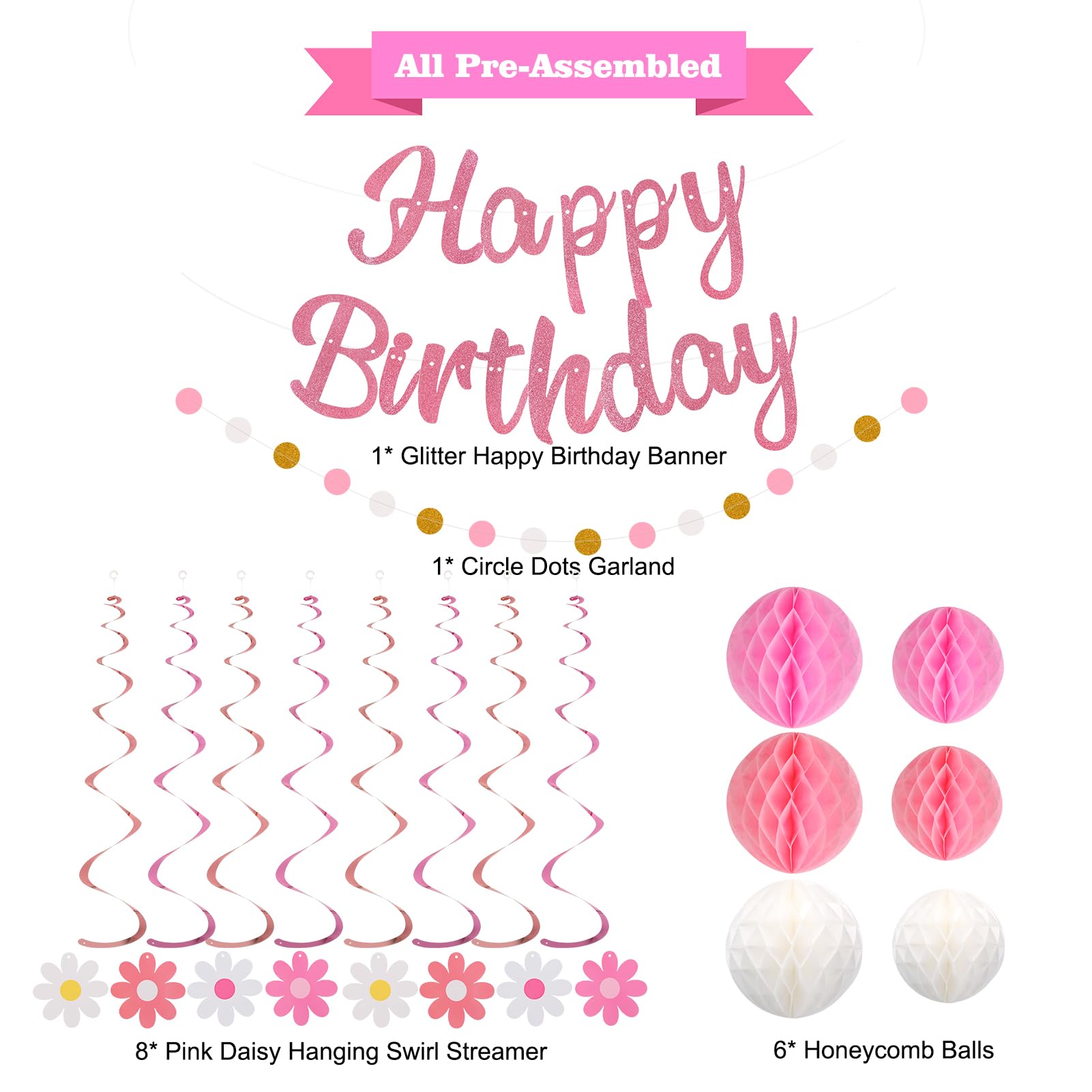 YEOCU Birthday Decorations, NO DIY, Pre-Strung Happy Birthday Banner with Honeycomb Balls, Hanging Swirls, Circle Dots Garland, Happy Birthday Party Decorations for Women Men Boys Girls (Pink)
