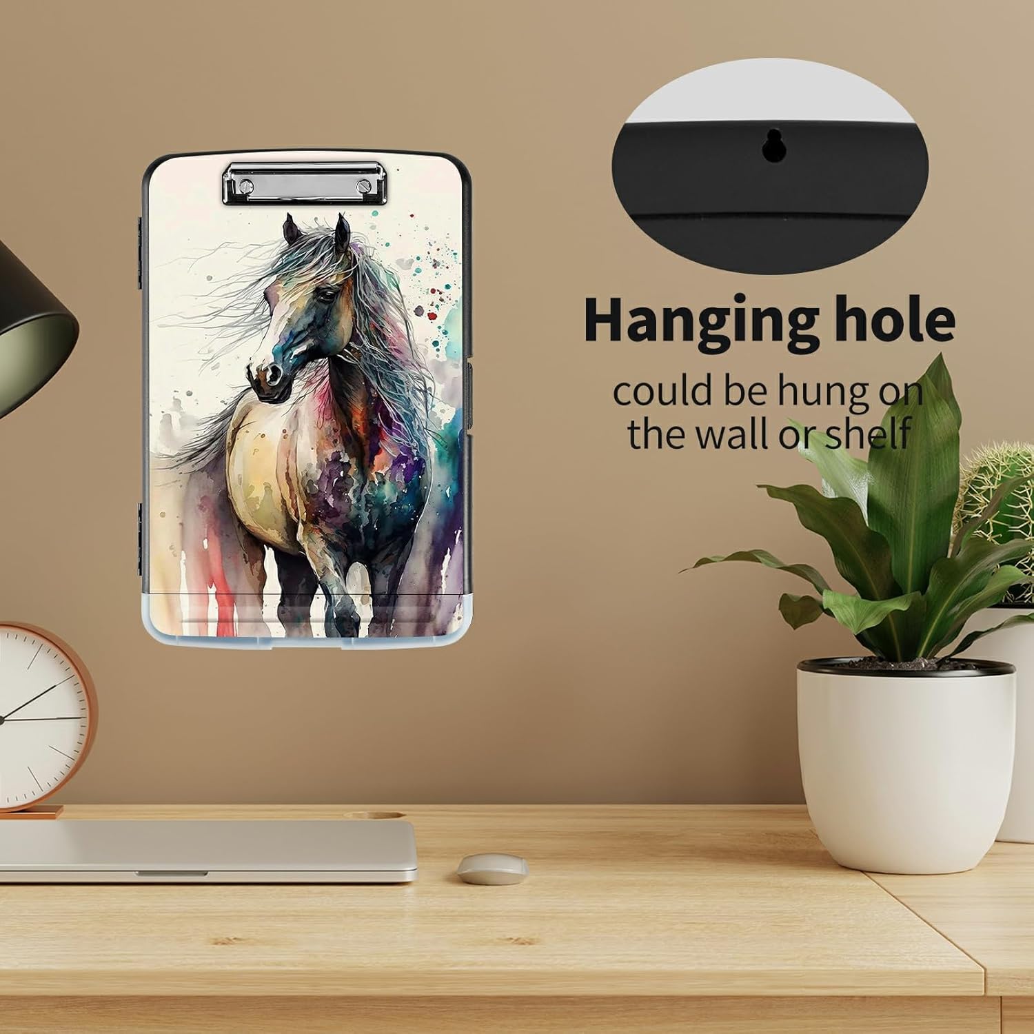 Clipboard with Storage High Capacity Plastic Nursing Clipboards with Pen Holder File Folder Storage Box Clipboard with Heavy Duty Clips for Teacher,Doctor,Offices-Watercolor Horse