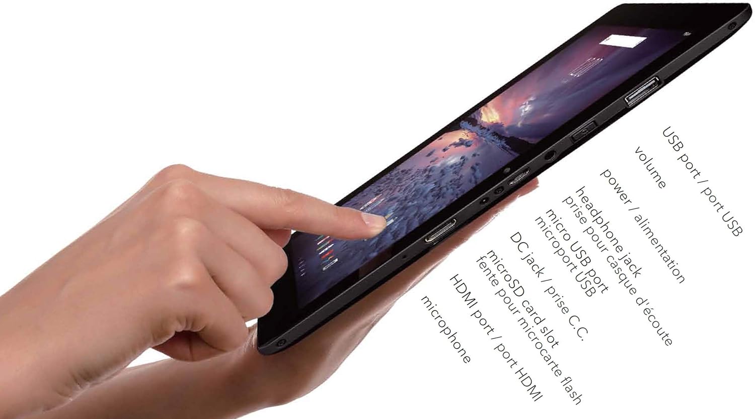 Side view of the Pro12 tablet showing various ports: USB port, volume buttons, power button, headphone jack, micro USB port, DC charging port, microSD card slot, miniHDMI out, and microphone.