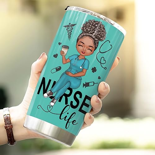Miniatura 4 de Vaso de enfermera negro de 20 onzas, información nutricional, regalos de agradecimiento afroamericano para mujeres, taza de café de viaje aislada