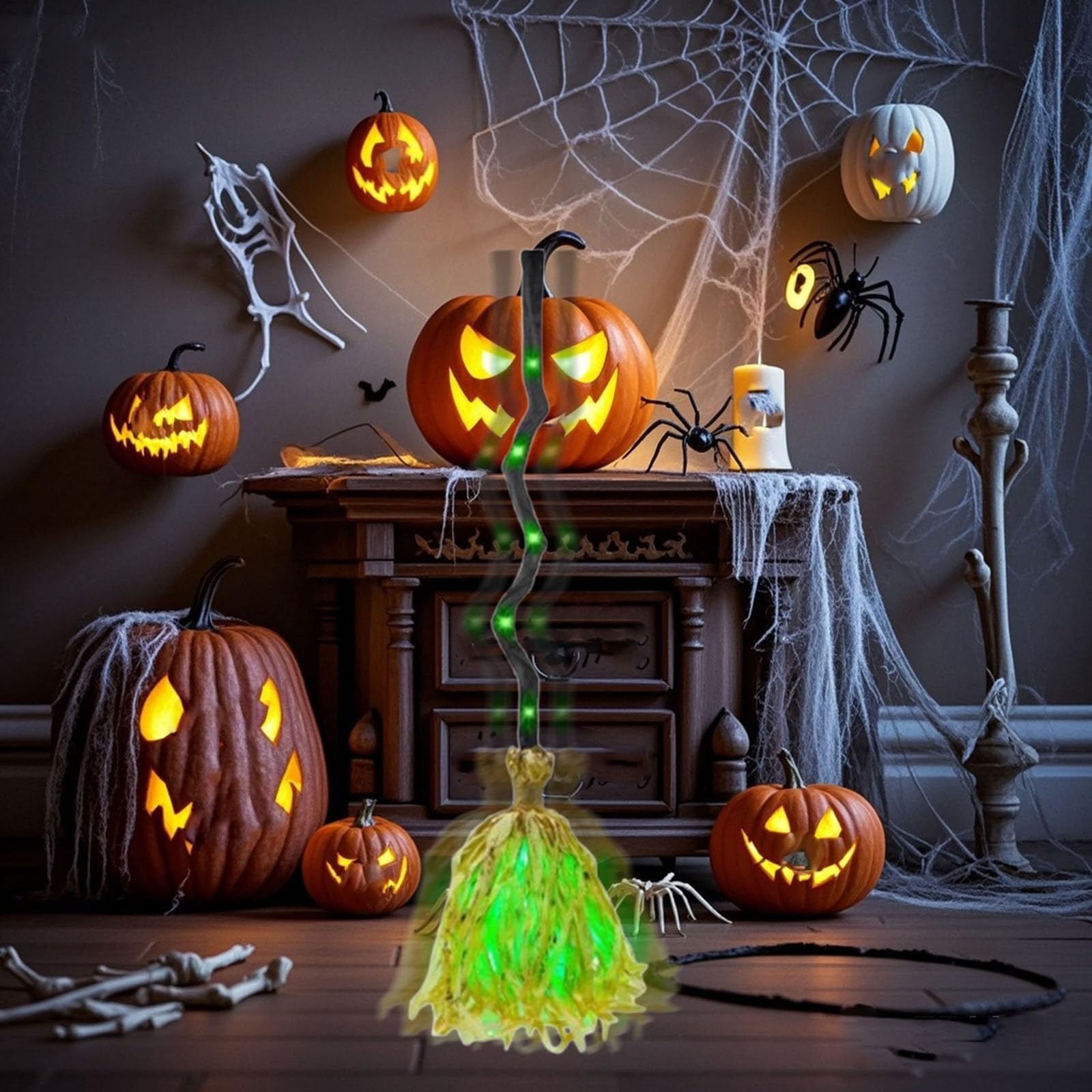 Animierter Halloween-Hexenbesen, beleuchteter beweglicher Besen mit grünem Leuchten, tanzender magischer Besen für drinnen und draußen, Veranda, Hof, gruselige Spukhaus-Dekoration, 90 cm (2)