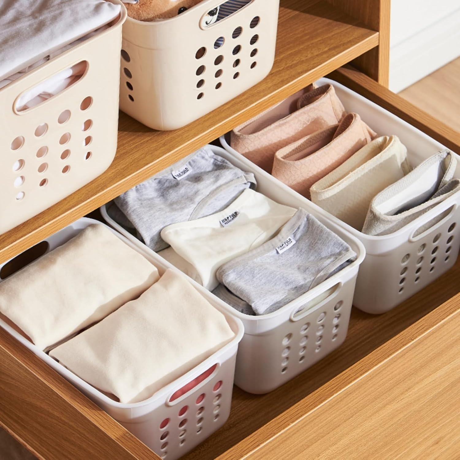 DEAYOU 9 Pack Plastic Storage Basket, Small Pantry Organizer Basket Bins, Rectangular Storage Tray Baskets Container with Handle for Shelf, Bathroom, Household, Desktop (Beige, White, Gray) - Image 8