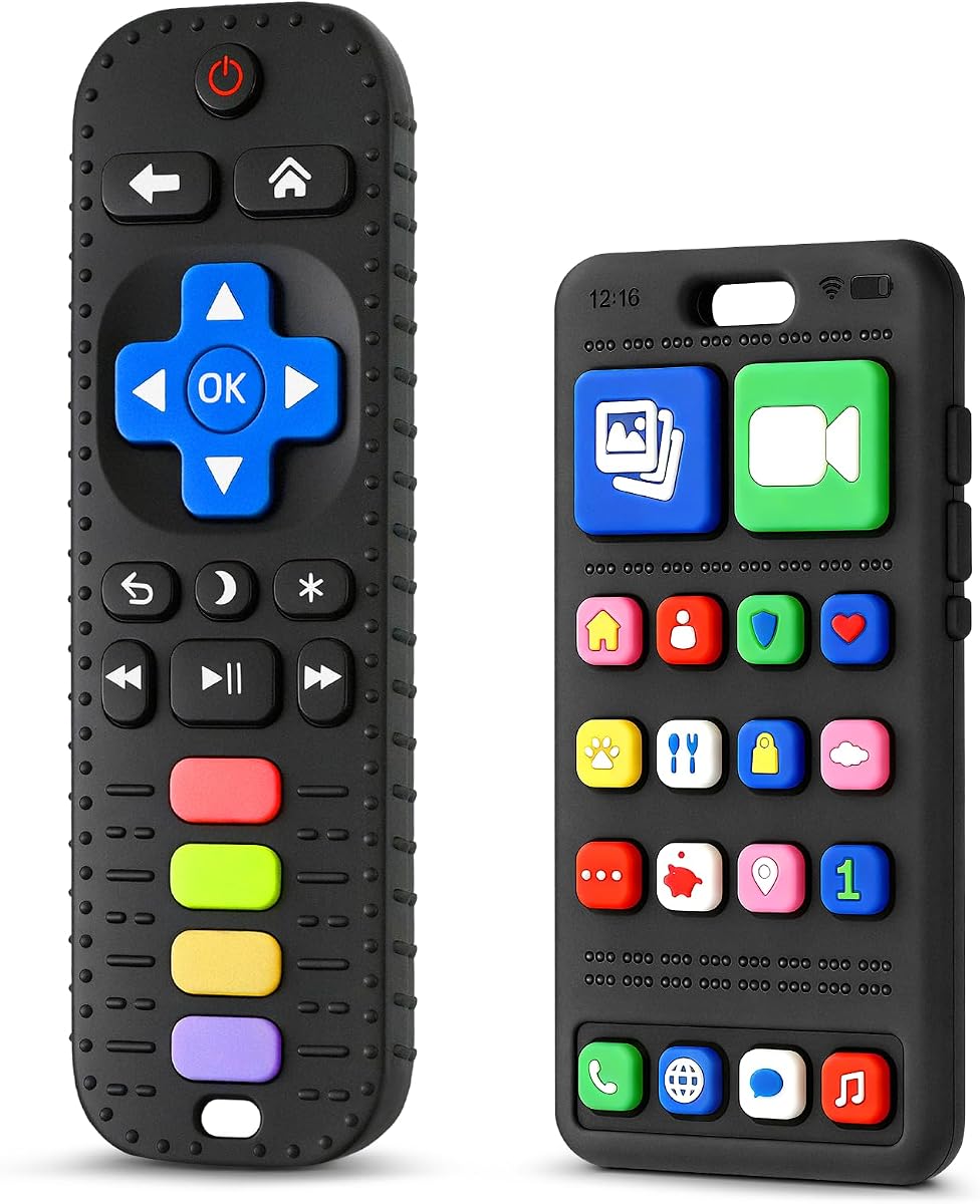 Paquete de 2 juguetes para la dentición del bebé con teléfono y control remoto, juguetes para morder de silicona de 3 a 12 meses | Sin BPA, suave y flexible, diseño realista, mordedor para aliviar la dentición, juguetes para masticar para bebés, regalo para recién nacidos