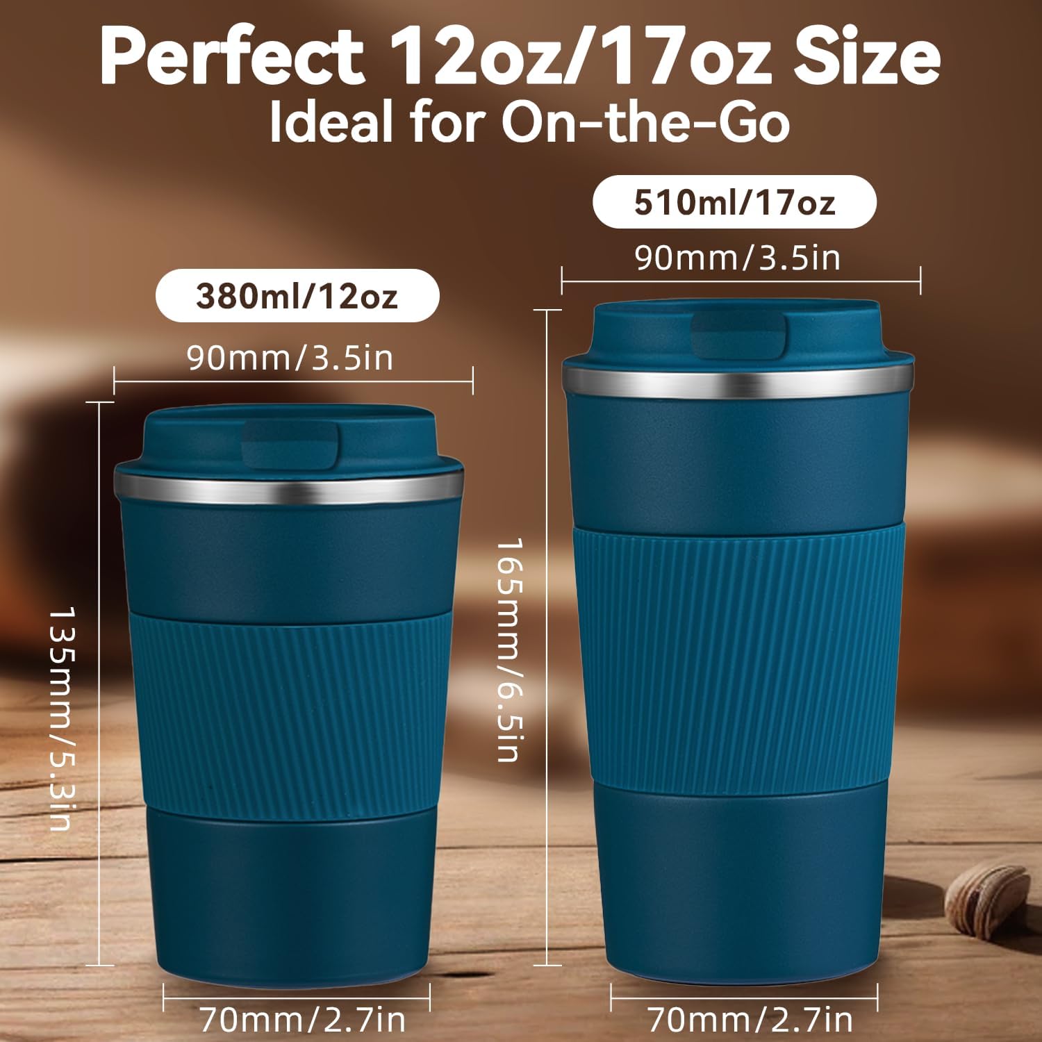 12OZ Travel Coffee Mug Insulated Coffee Cup with Spill Leak Proof Lid, Portable Stainless Steel Tumbler Reusable Hot and Cold Water Mug for Car, Daily, Camping- Blue - Image 2