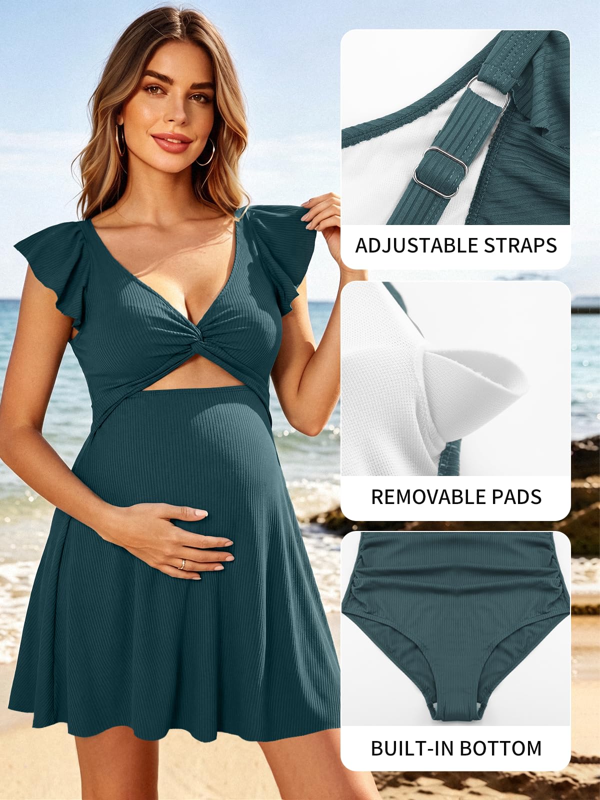 SHEKINI Damen Umstandsbadeanzug Einteilige Schwangerschaft Bademode V Ausschnitt Rüschenärmel Cutouts Umstandsbademode