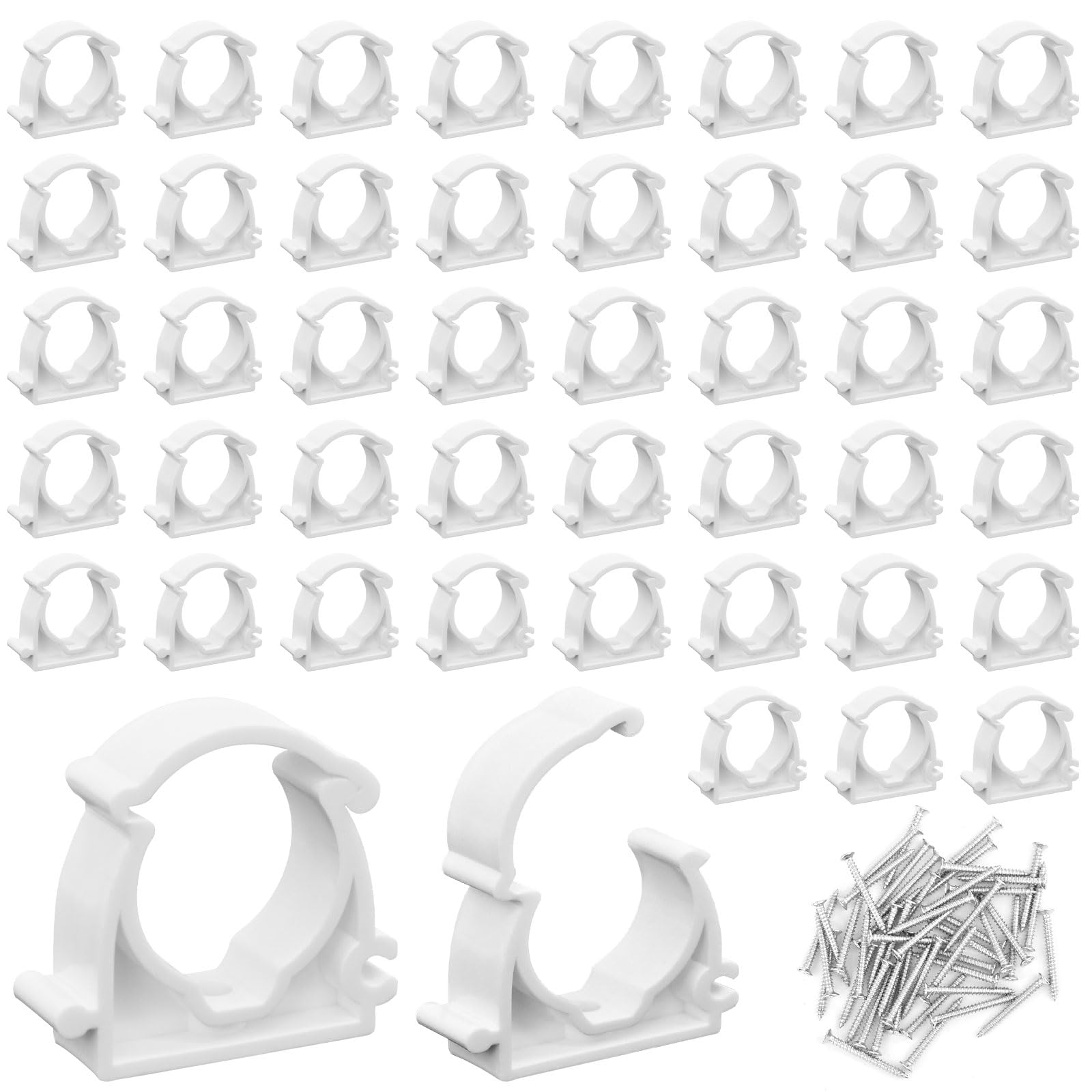DRERIO 50 Pcs Single Hinged Pipe Clips, Ø25mm Single Quick Lock Pipe Clamps with Screws, Interlockable Conduit Clips, Plastic Tubing Snap Clamps for Pipeline Hose Plumbing (White)