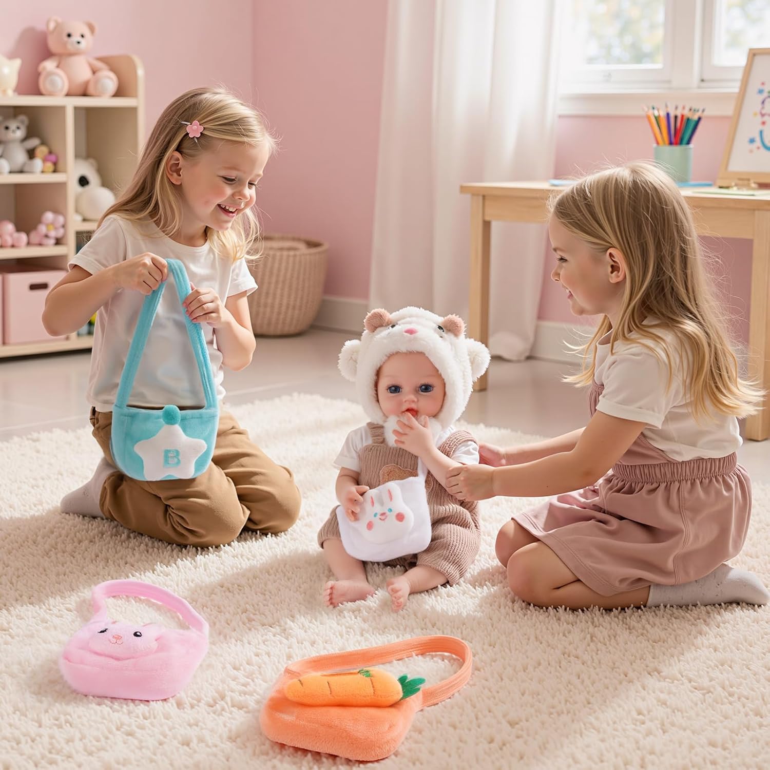 BABESIDE 4 Pcs Baby Doll Accessories – Soft Shoulder Bags for 16–18 Inch Dolls, Bunny & Carrot Style Purses, Pretend Play Gift for Girls (Doll Not Included)