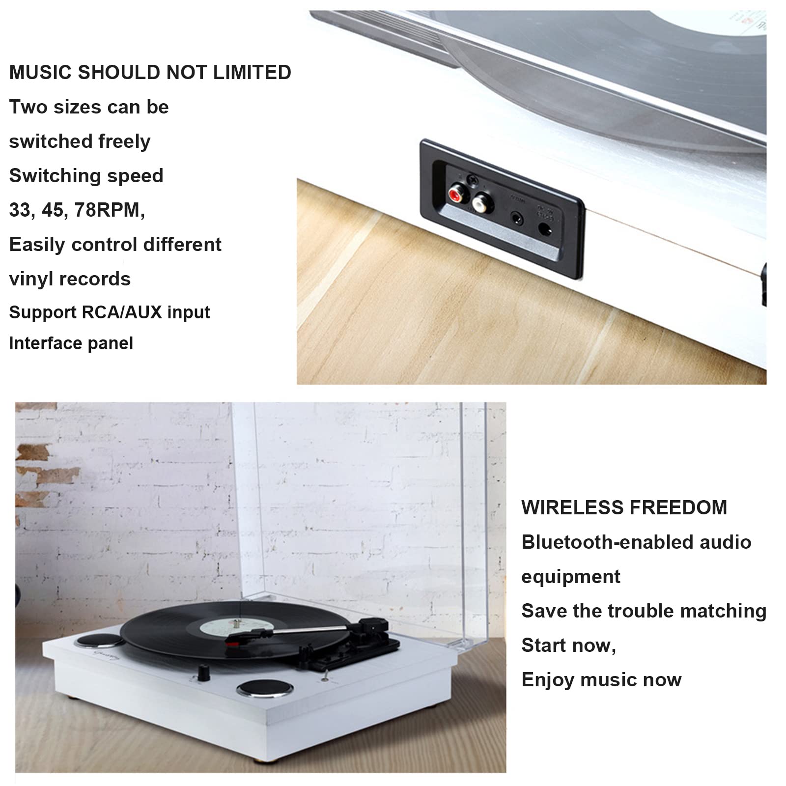 Gramofon do drewna, 3-biegowy gramofon Bluetooth i odtwarzacz winylowy z napędem paskowym z wbudowanymi głośnikami, wyjście audio na słuchawki/RCA,White
