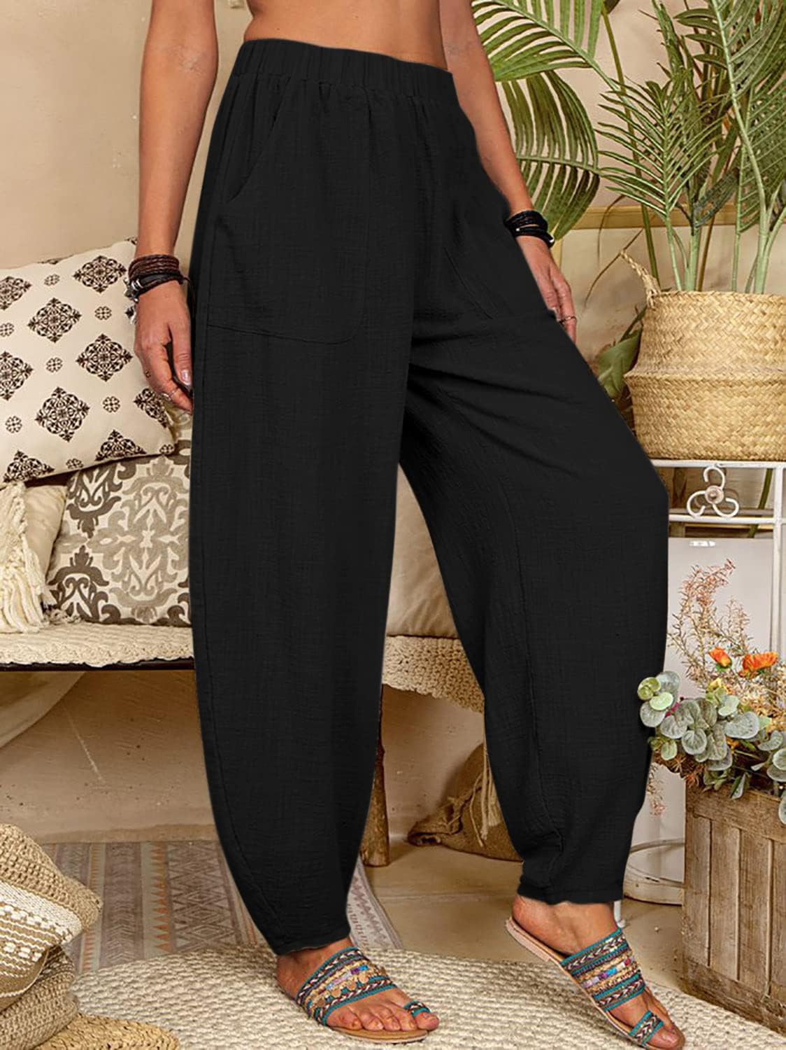 utcoco Women's Cotton Linen Harem Pants Casual Loose Fit High Waisted Pants Trousers with Pockets - Image 3