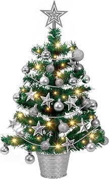 Tabletop Mini Christmas Tree Lighted,Small Artificial Christmas Tree Desktop Xmas Tree with Topper Stars and Balls Ornaments for Indoor DIY Office Decor50cm