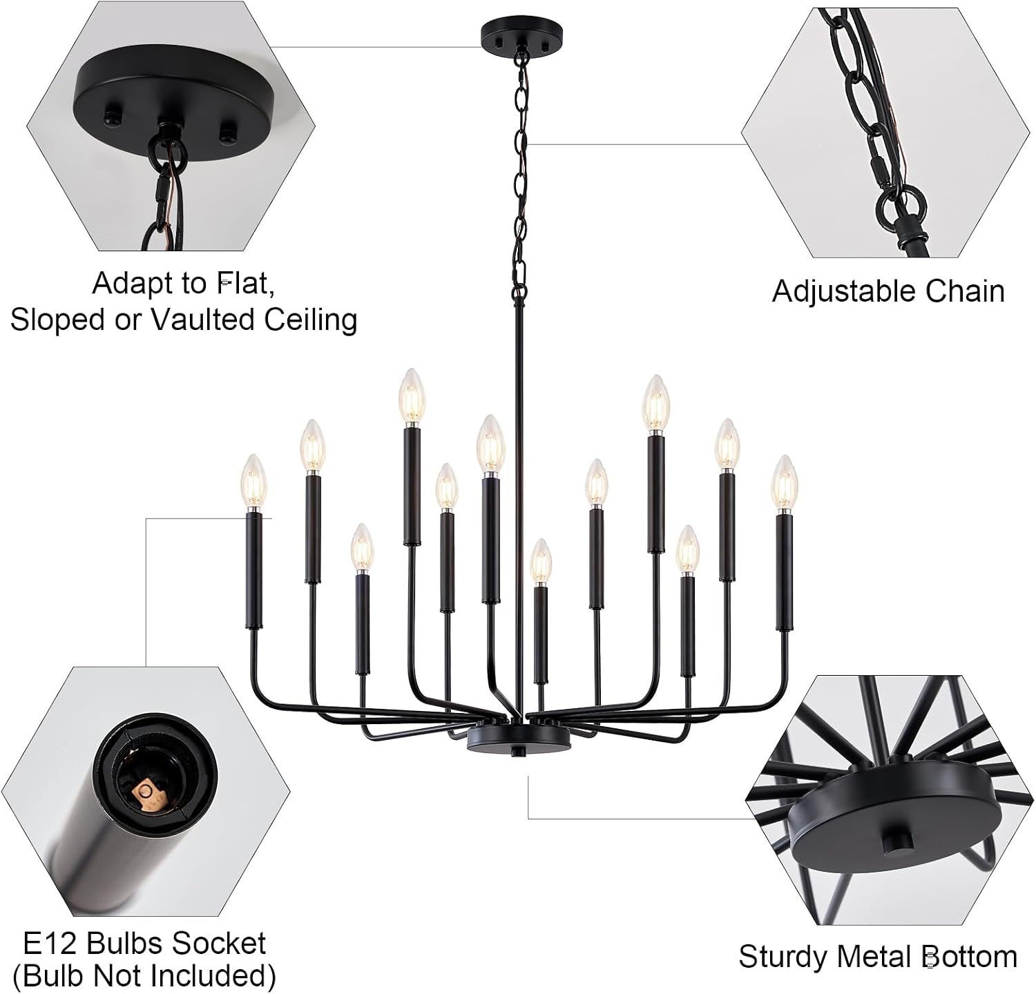 Modern Black Chandelier for Dining Room,Metal 12-Light Kitchen Light Fixtures, Farmhouse Candle Hanging Pendant Light for Living Room Entryway Foyer Bedroom (Bulbs Not Included)