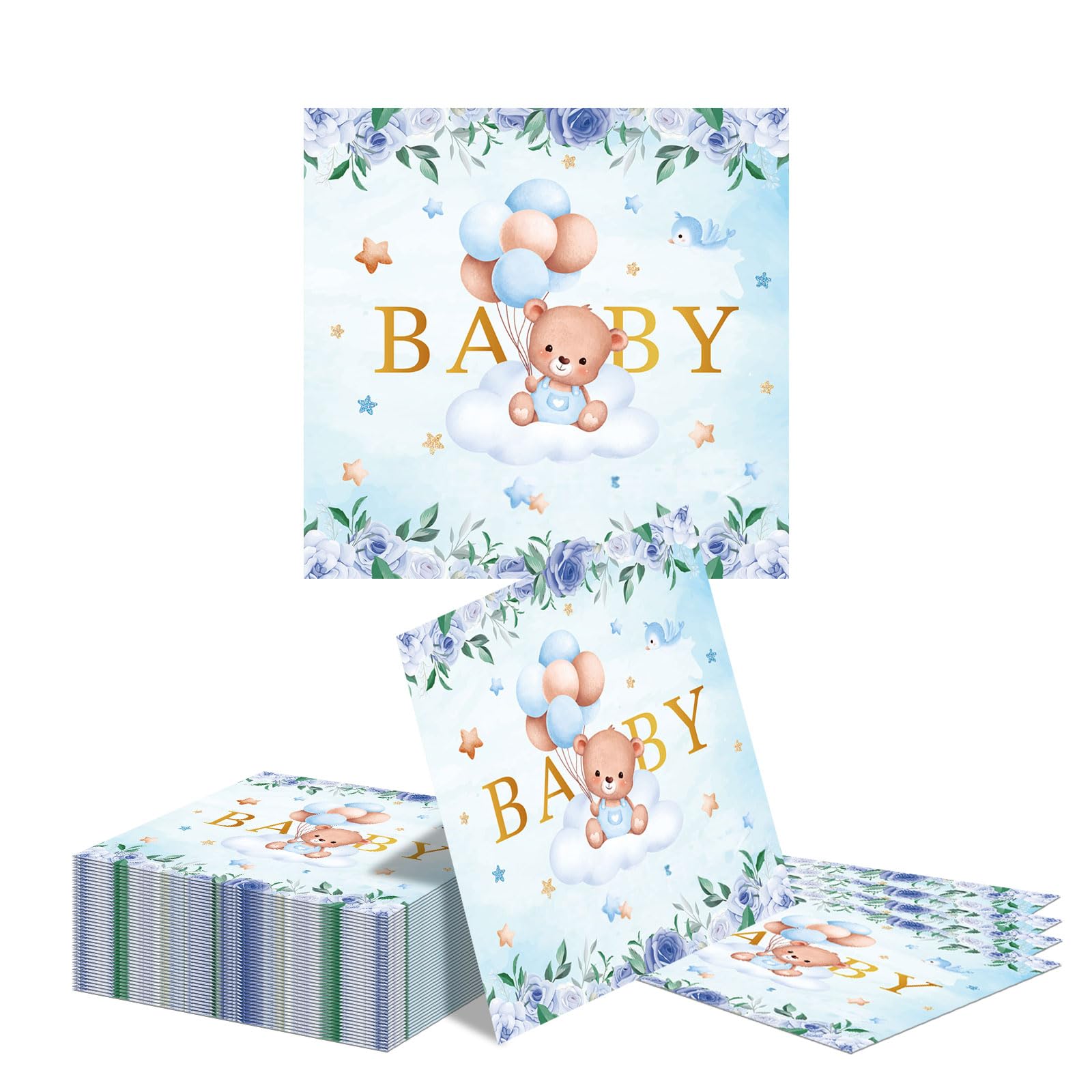 Kotkiddy 40 Pezzi Serviette Baby Shower Ragazzo Orso Motivo Cocktail Dessert Serviette di Carta Monouso Gender Reveal Party Decorazione Tavola Blu Oro Decorazione Complea