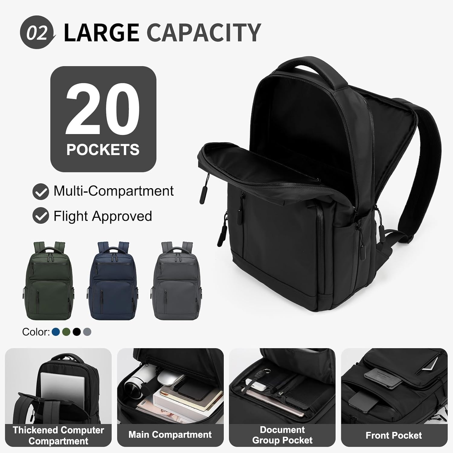 Waterproof Laptop Backpack for Men & Women, Flight Approved Anti-Theft Daypack with 15.6-inch Laptop Sleeve (Black) - Image 4