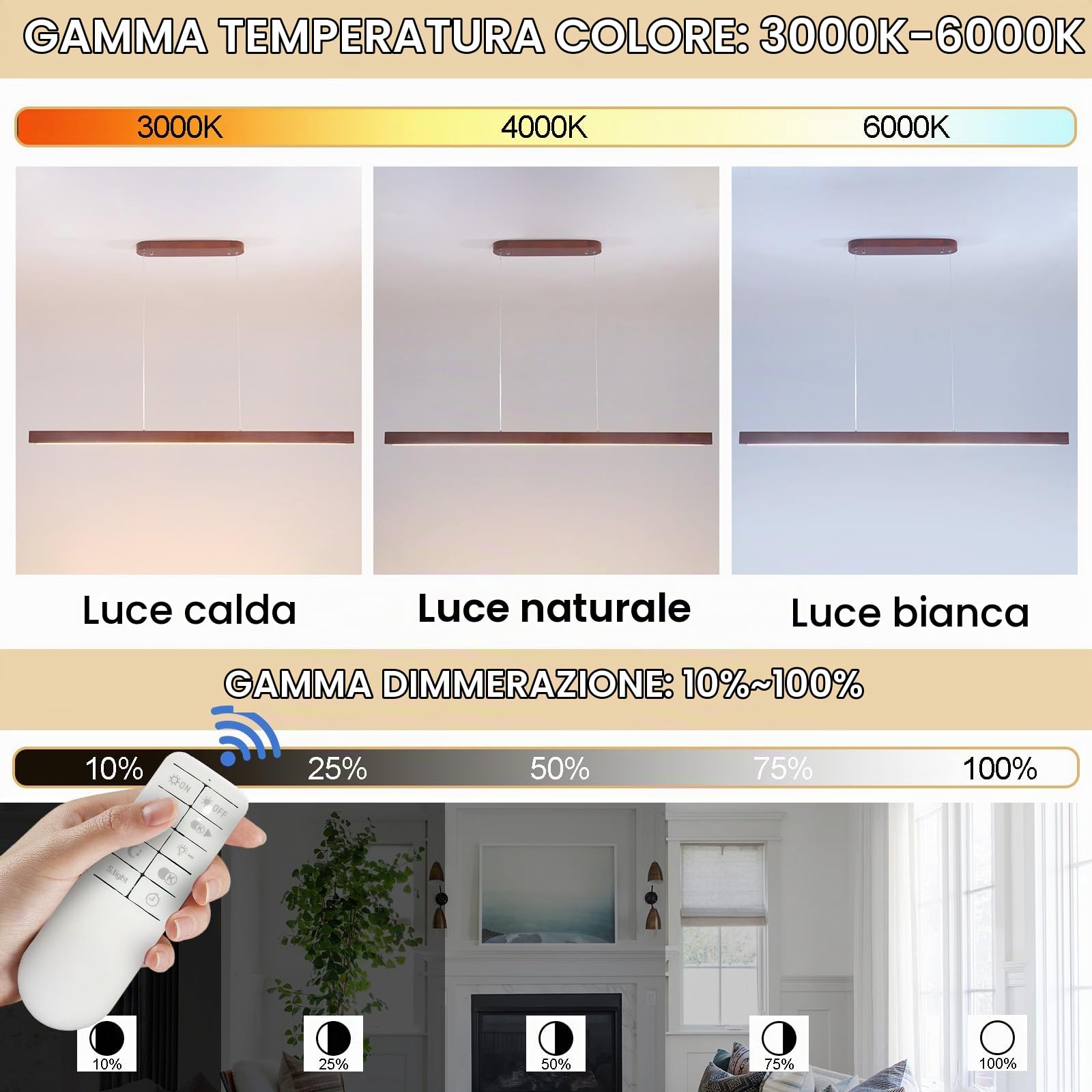 LED Lampadario Cucina Legno Dimmabile,115Cm Noce Lampadario Camera Da Letto Con Telecomando,Regolabile In Altezza Lampada,36W Moderno Lampadari Soggiorno Per Salotto Biliardo