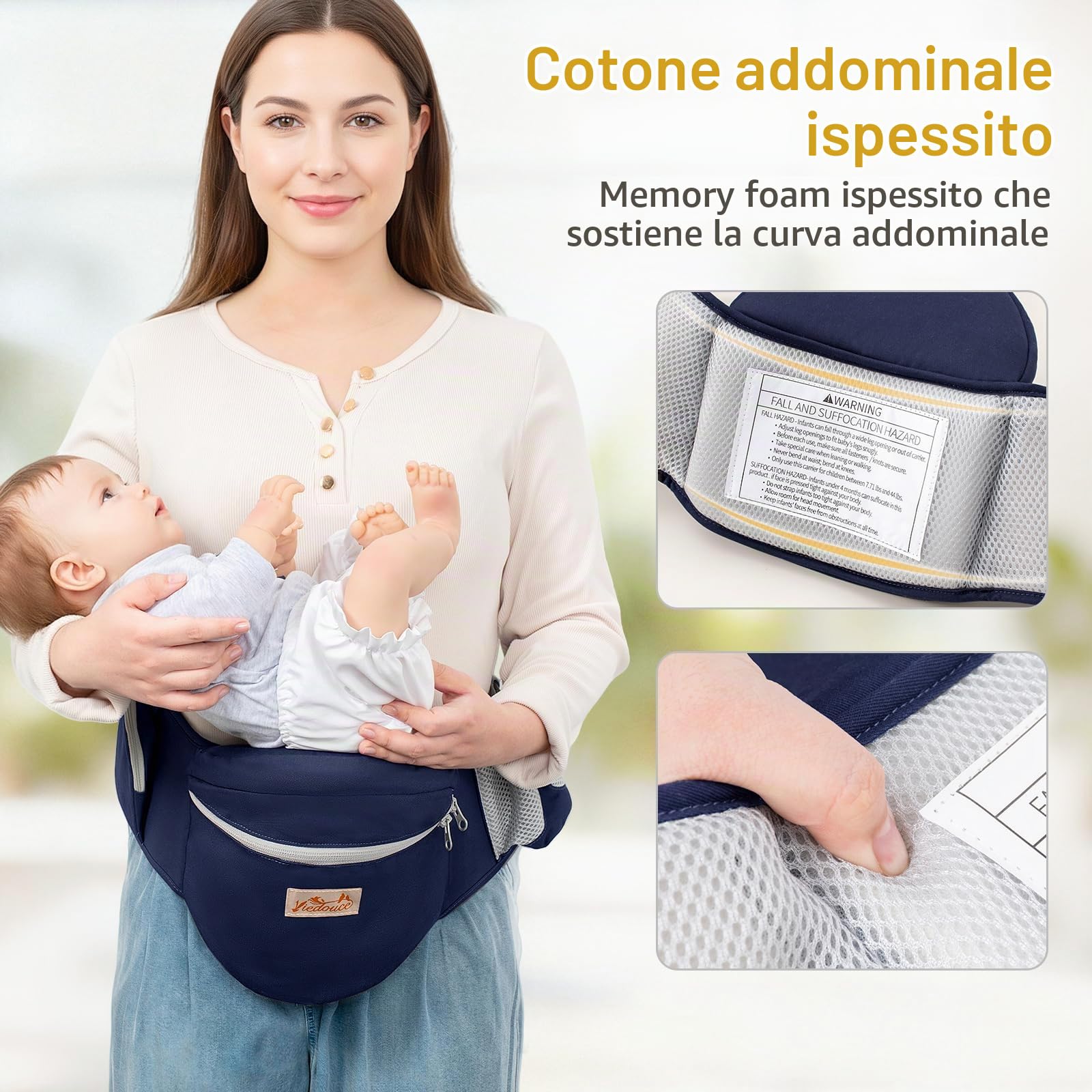 Viedouce Hipseat Marsupio con Protezione per Cintura di Sicurezza,Puro Cotone Leggero e Traspirante,Ergonomico Neonati Marsupio Sicurezza Supporto per Bambino da 4-36 Mesi (Blu Scuro)