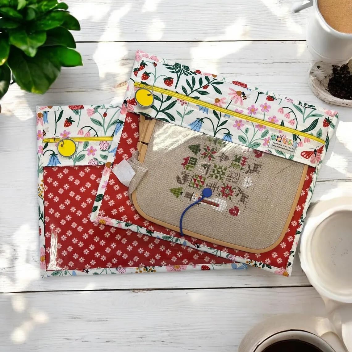 Strawberry Wildflower Meadow - Handmade WIP Project Bag for Cross Stitch Embroidery–Clear Vinyl Front Project Organizer, Needlework Storage Pouch –Fits 6x6 Q-Snap Frame,Nurge No.3 Hoop & up to 8"hoop