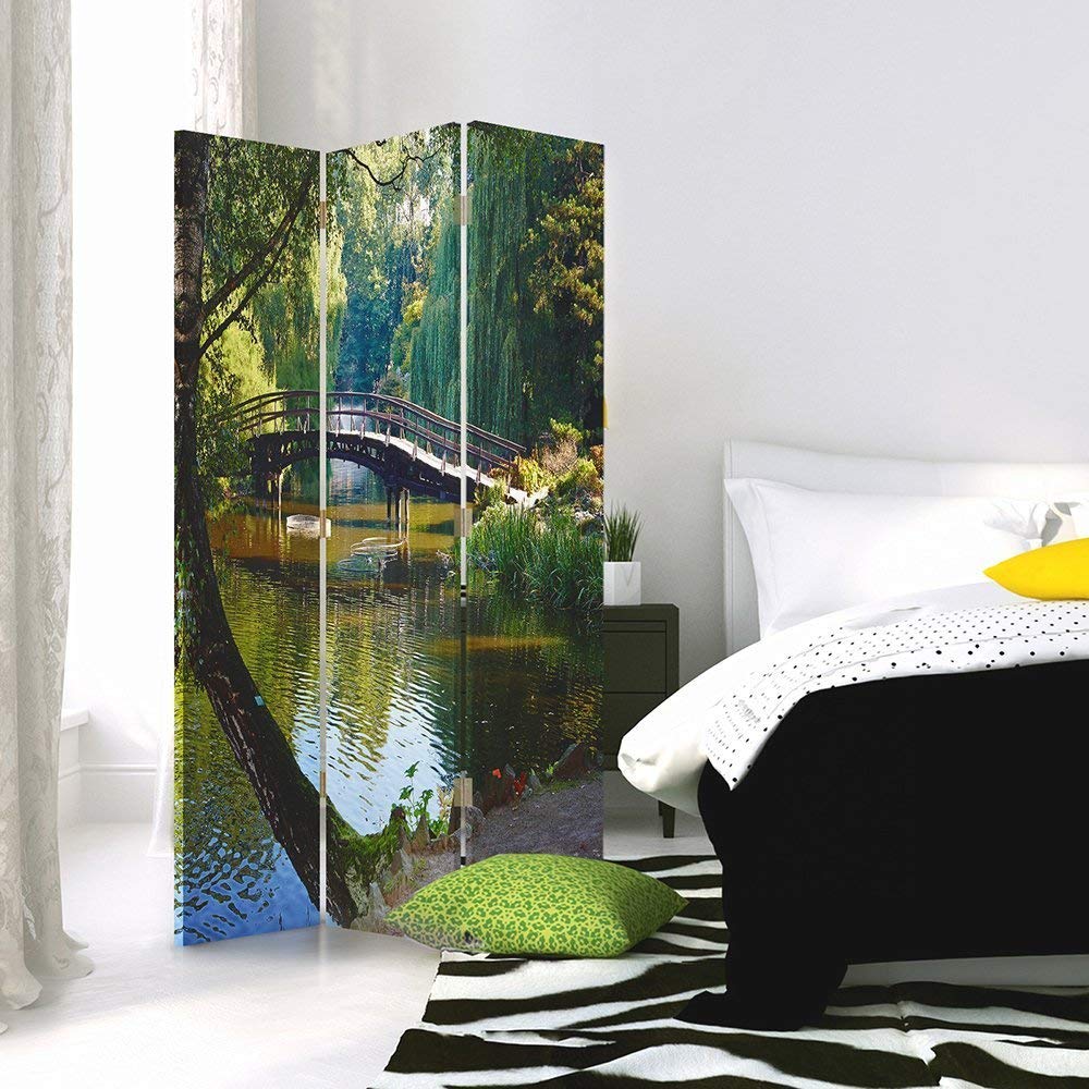 Feeby Paravent Lac 3 Panneaux 110x180 cm Une Seule Côté Cloison De Séparation Écran Pliant Paravent Interieur Décoratif Mur Espagnol Impression sur Toile Chambre d'enfant Salon Bureau Vert