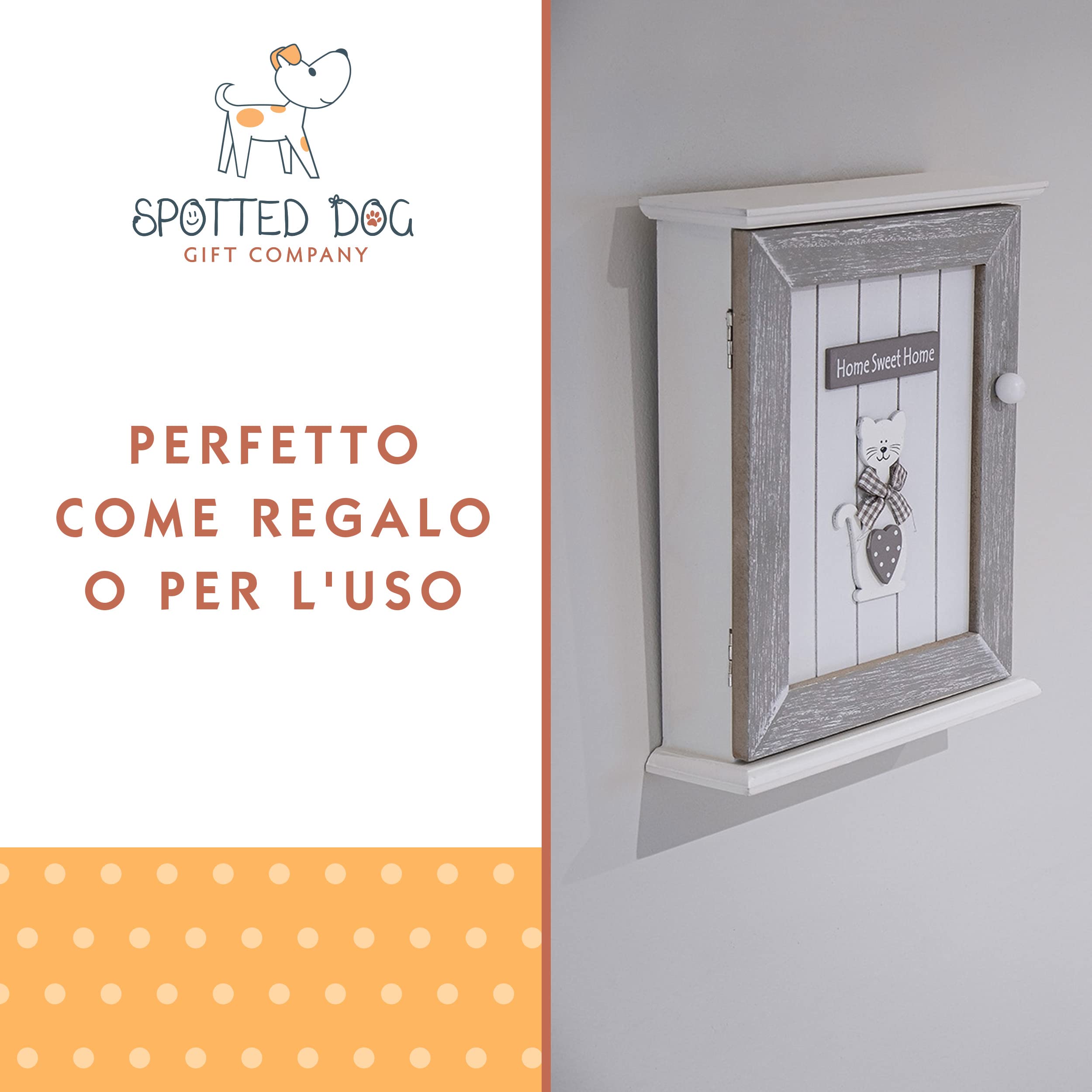SPOTTED DOG GIFT COMPANY - Armadietto portachiavi da parete con motivo gatto e scritta Home Sweet Home - decorazione per l'ingresso - con 6 ganci - in legno - naturale/bianco