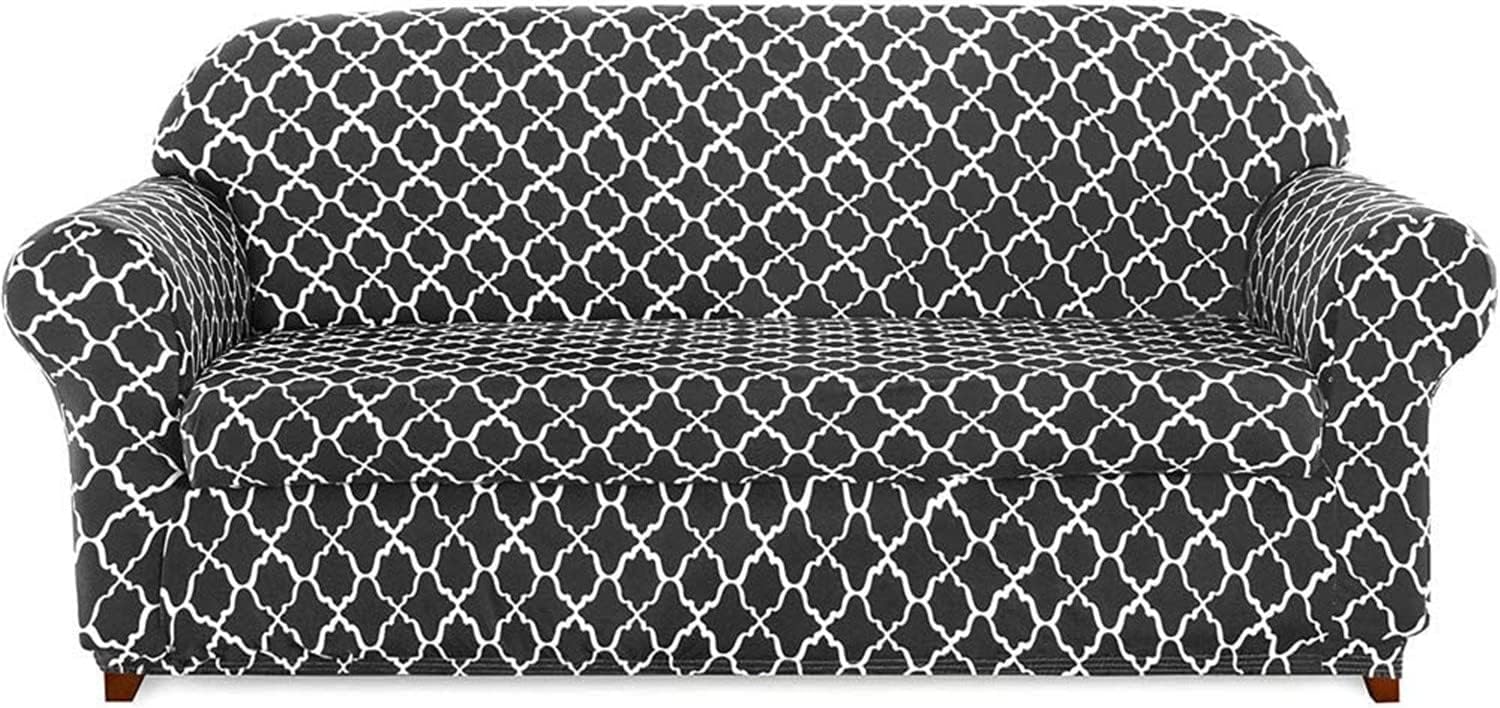 Universal Floral Pattern Sofa Cover Set 2 Piece Stretch Couch Slipcover for Pets Anti Slip Armchair and Sofa Covers Fits 1 2 3 4 Seater Sofas Gray Polyester Spandex Fabric.