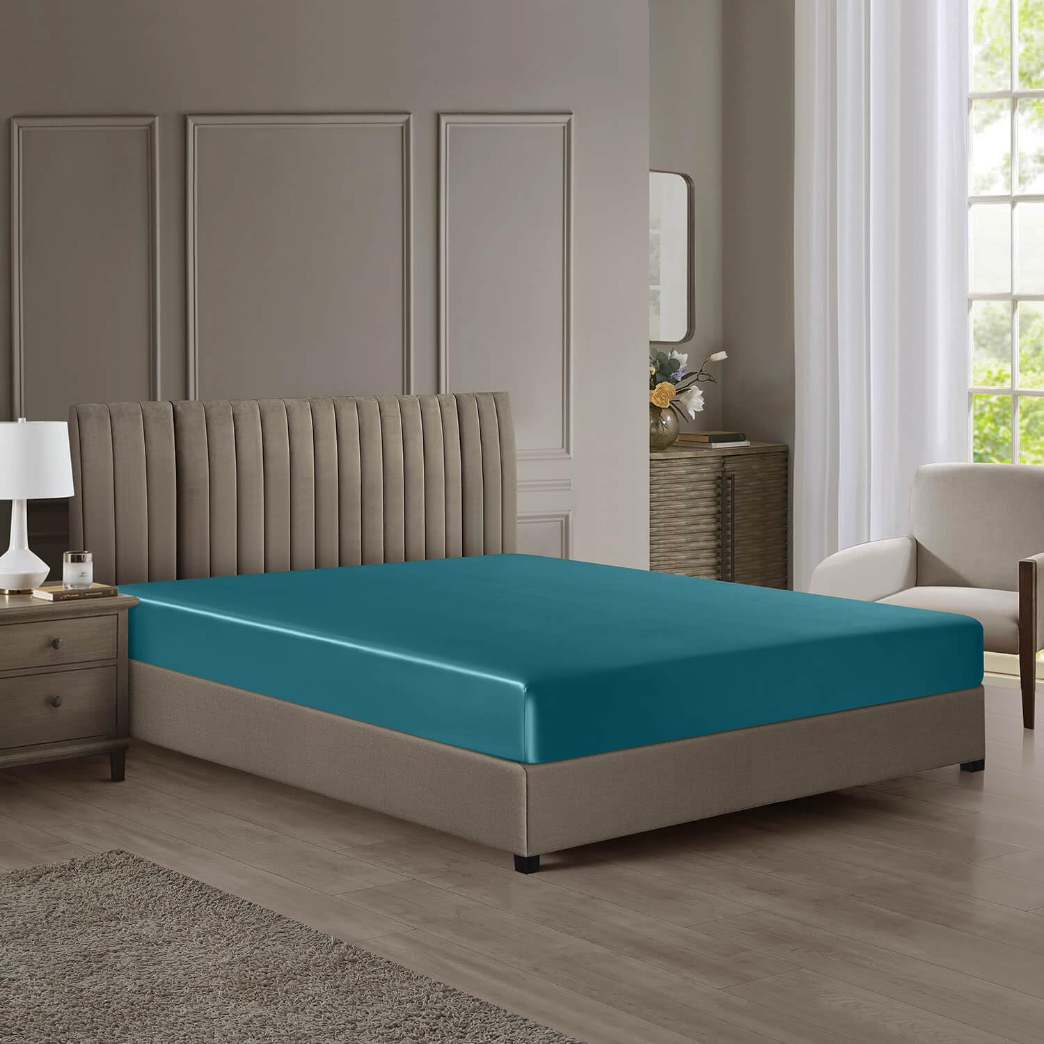 Disangni Blue Green 22 Momme 6A Grade 100% Mulberry Silk Fitted Sheet, Oeko-Tex Certified, 1 Piece Luxury Soft Silk Fitted Sheet, Deep Pocket (, 160X200+30Cm)