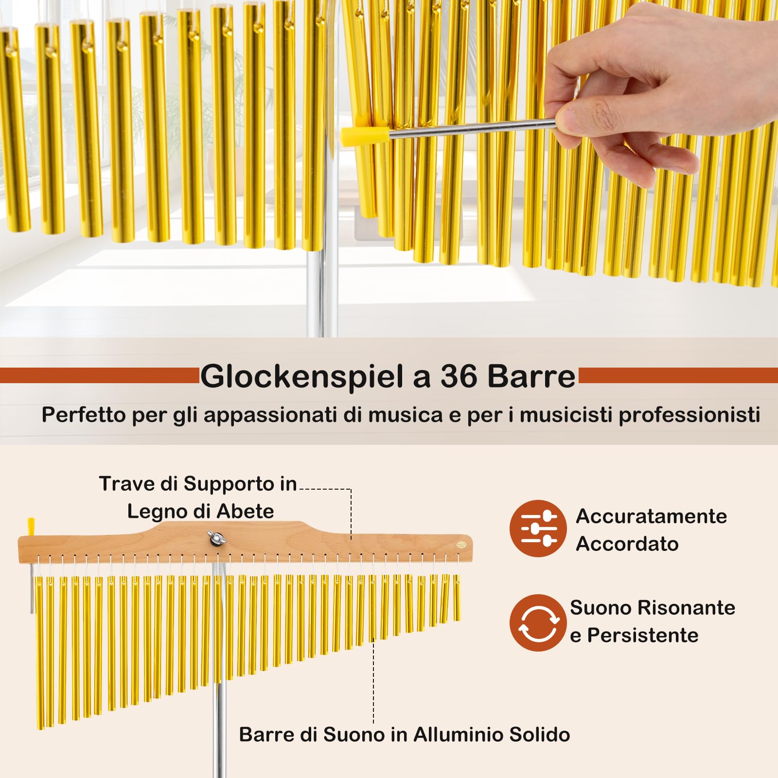 COSTWAY Campane a 36 Barre, Campane Tubolari a Fila Singola con Supporto per Treppiede Pieghevole e Regolabile, Bacchetta e Borsa da Trasporto, Strumento a Percussione Portatile per Adulti