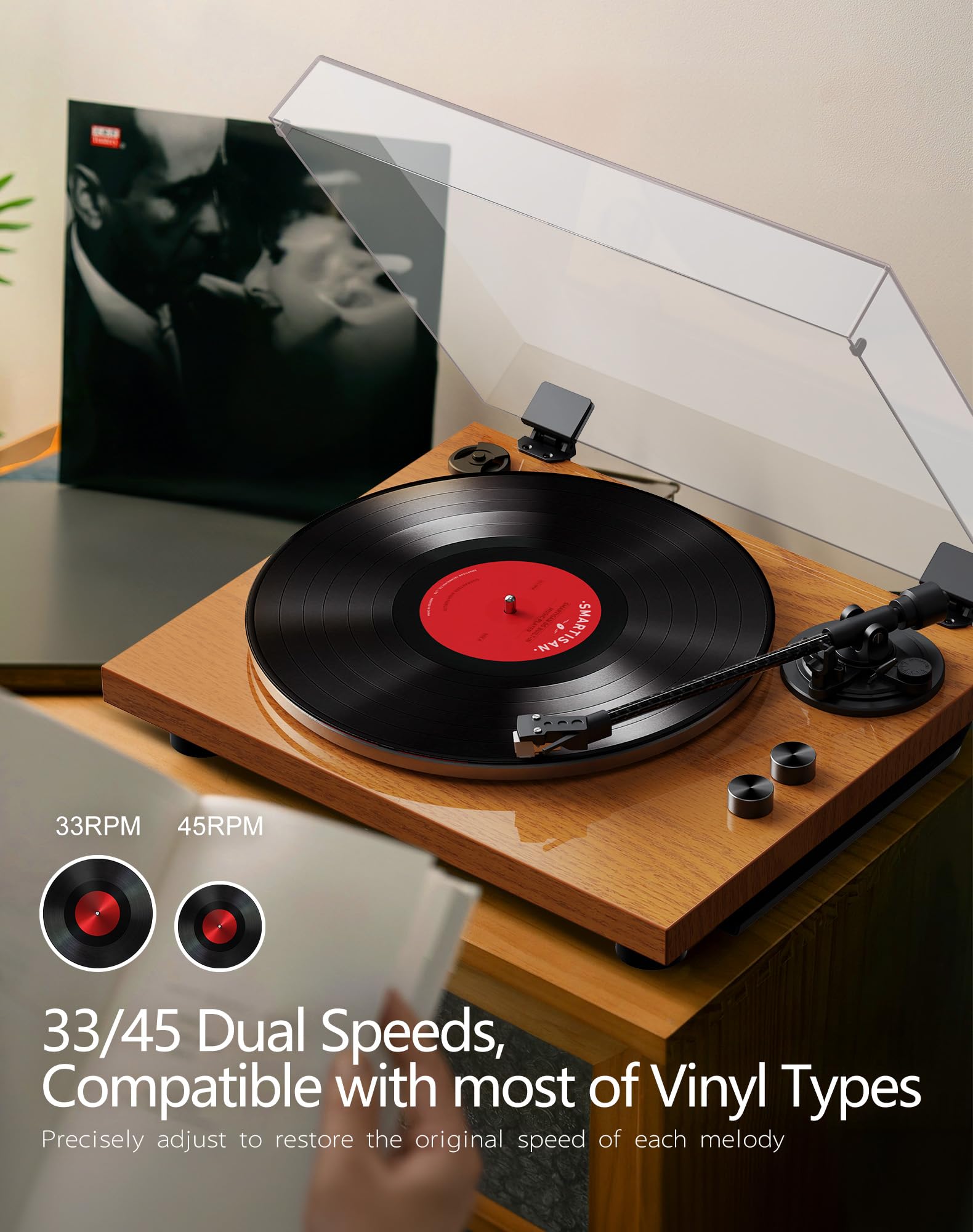 Tocadiscos Bluetooth con lápiz AT-3600L, velocidad ajustable (33 y 45 rpm) – Control antipatines y regulación de tono para un sonido equilibrado y detallado de grano de madera