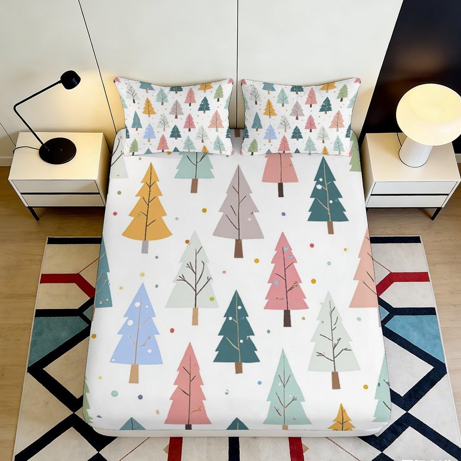 3D Printed Colourful Pine Tree Fitted Sheet Microfiber Soft Breathable Nordic Forest Bed Cover Bedroom Decor 90x200x25cm