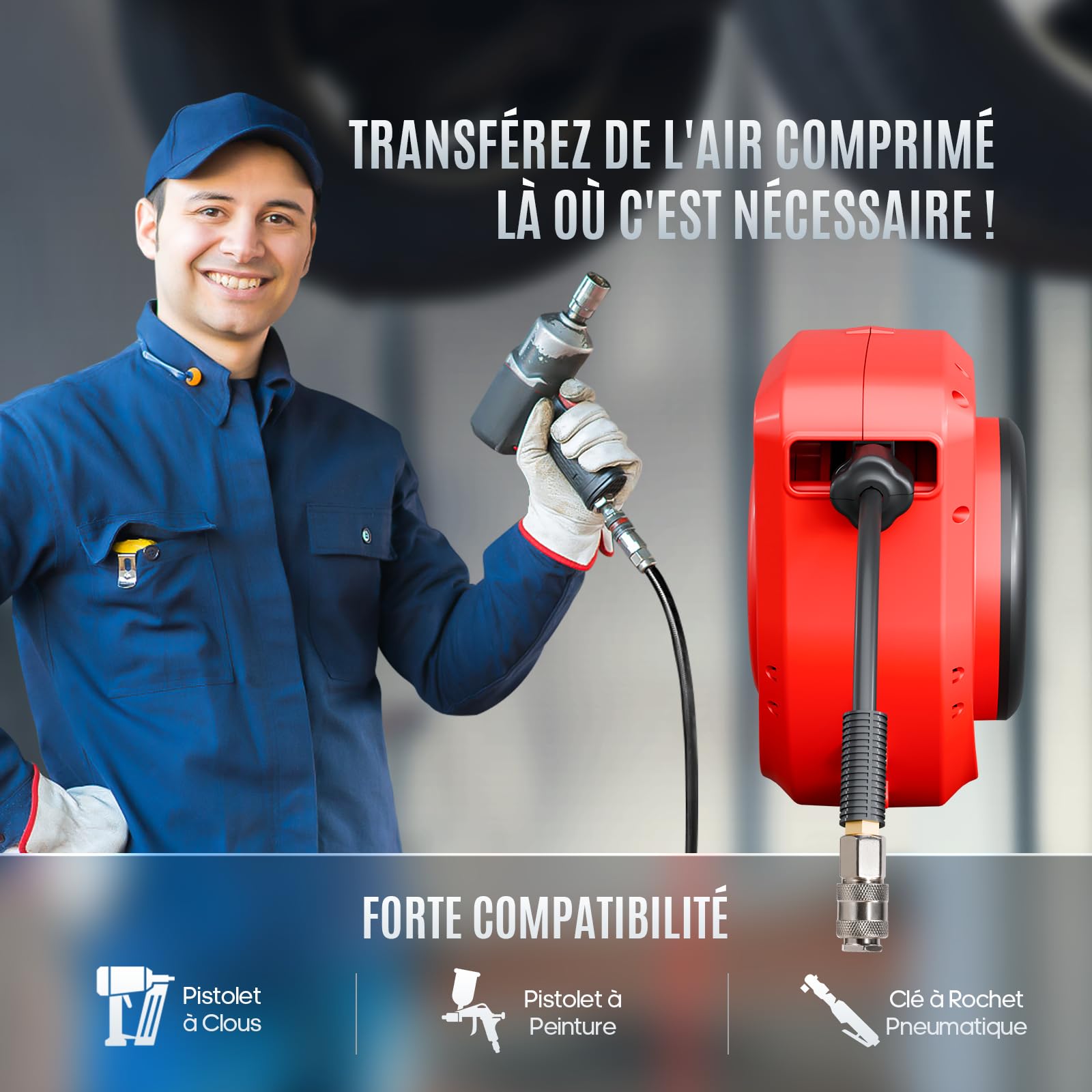 Hancaner Enrouleur Tuyau Air Comprimé Automatique Compact de 15 m + 1,5 m, avec Raccord 1/4", 24 bar Pression Maximale, Support Mural Pivotant à 180° Enrouleur Electrique Mural