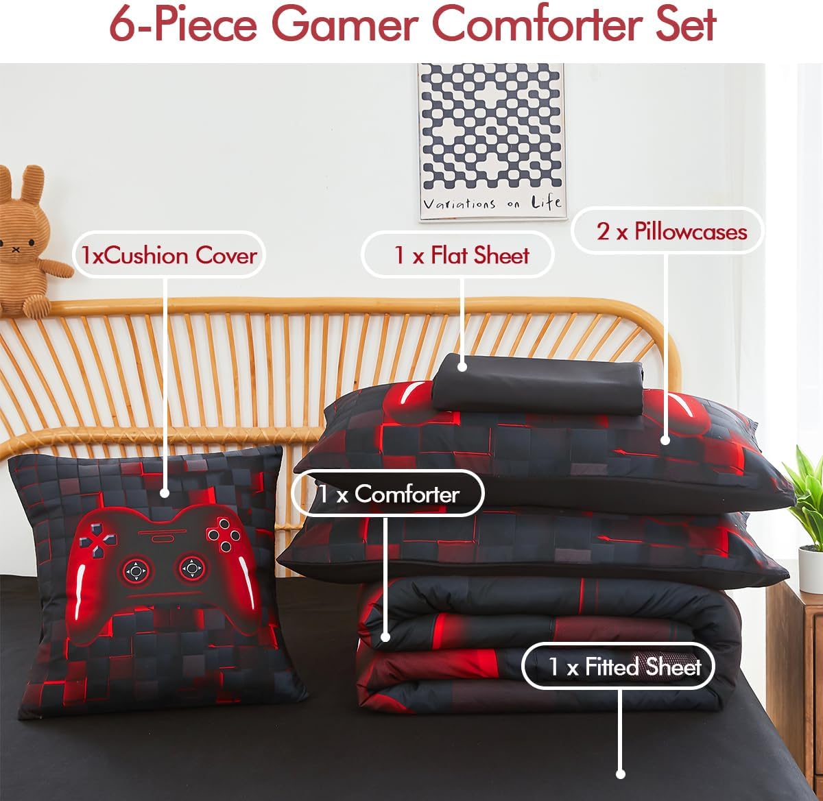 PERFEMET 6-Piece Boys Comforter Set Queen Size Game Console Bedding Set for Kids Teen 3D Black and Red Gamepad Gaming Bed in a Bag Matching Sheet Set(Red, Queen) - Image 3