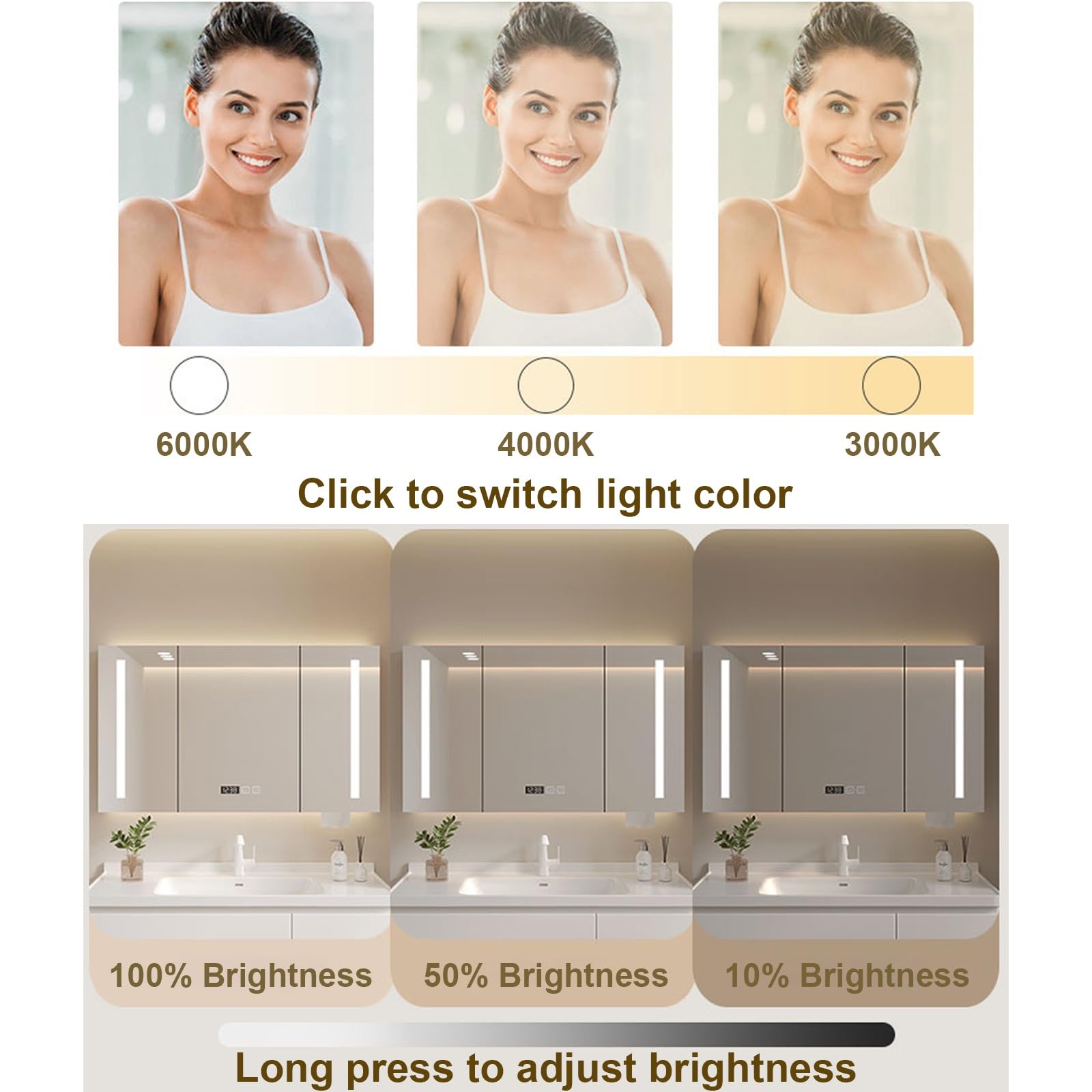 Armario de Baño con Espejo, Espejo de Baño con Armario y LED, LED Espejo con Almacenaje de Maquillaje, para El Cuarto de Baño o el Cuarto de La Ducha(Nero,58 * 70cm/22.8 * 27.6in)