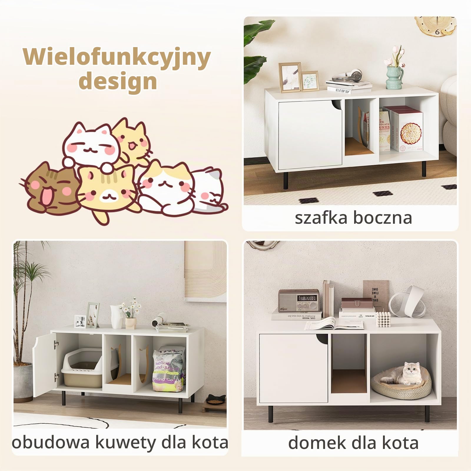 COSTWAY Kuweta dla kota, szafka z deską do drapania, wejściem, drzwiami i metalowymi nogami, stolik pomocniczy, meble dla kotów, psów, zwierząt domowych, 100 x 52 x 55 cm, biała