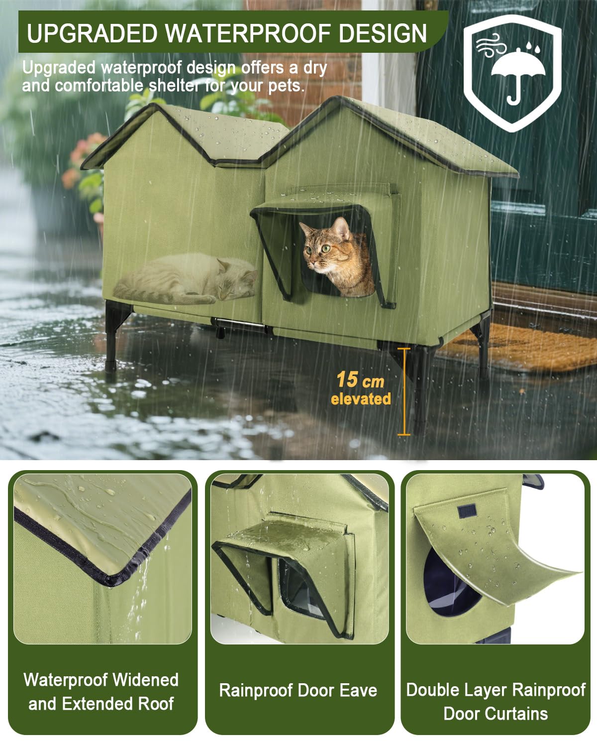 Katzenhaus im Freien, Extra Große wasserdichte isolierte Katzenkennel mit erhöhter Basis, Winterhaus für Indoor-Katzen und kleine Hunde im Freien, Wilde Katzenschutz für mehrere Katzen, Grün