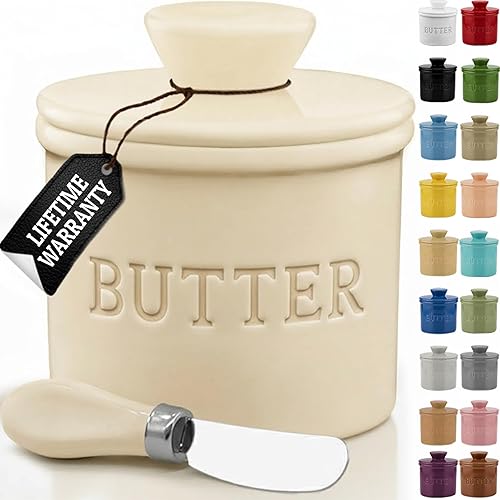 Miniatura 13 de Priority Chef Recipiente para Mantequilla con Tapa y Línea de Agua, Plato Francés de Cerámica para Mantequilla para Dejar en la Encimera, Gris Claro