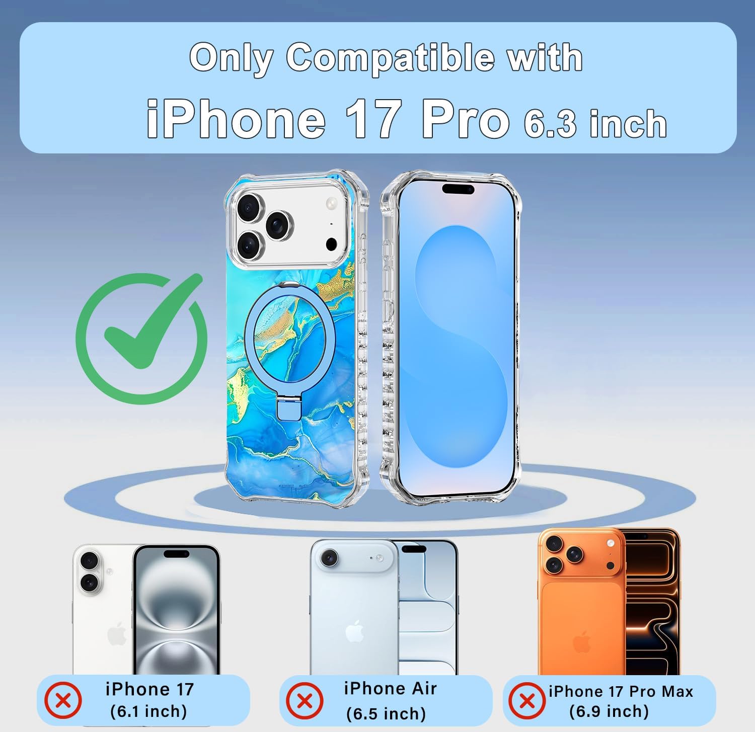 for iPhone 17 Pro Case,[Compatible with MagSafe][Invisible Magnetic Ring Stand],Slim Iridescent Wavy Women Girls Case for Apple iPhone 17 Pro 6.3"(2025),Light Blue - Image 2