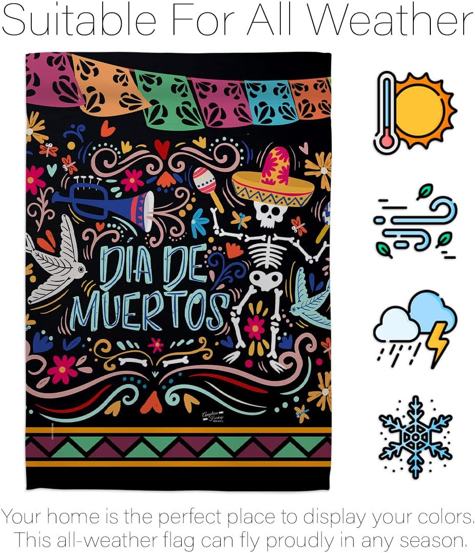 Colorful Dia de Muertos Garden Flag - Set with Stand Fall Day of Dead Los Fiesta Mexican Party Autumntime - House Decoration Banner Small Yard Gift Double-Sided Made In USA 13 X 18.5