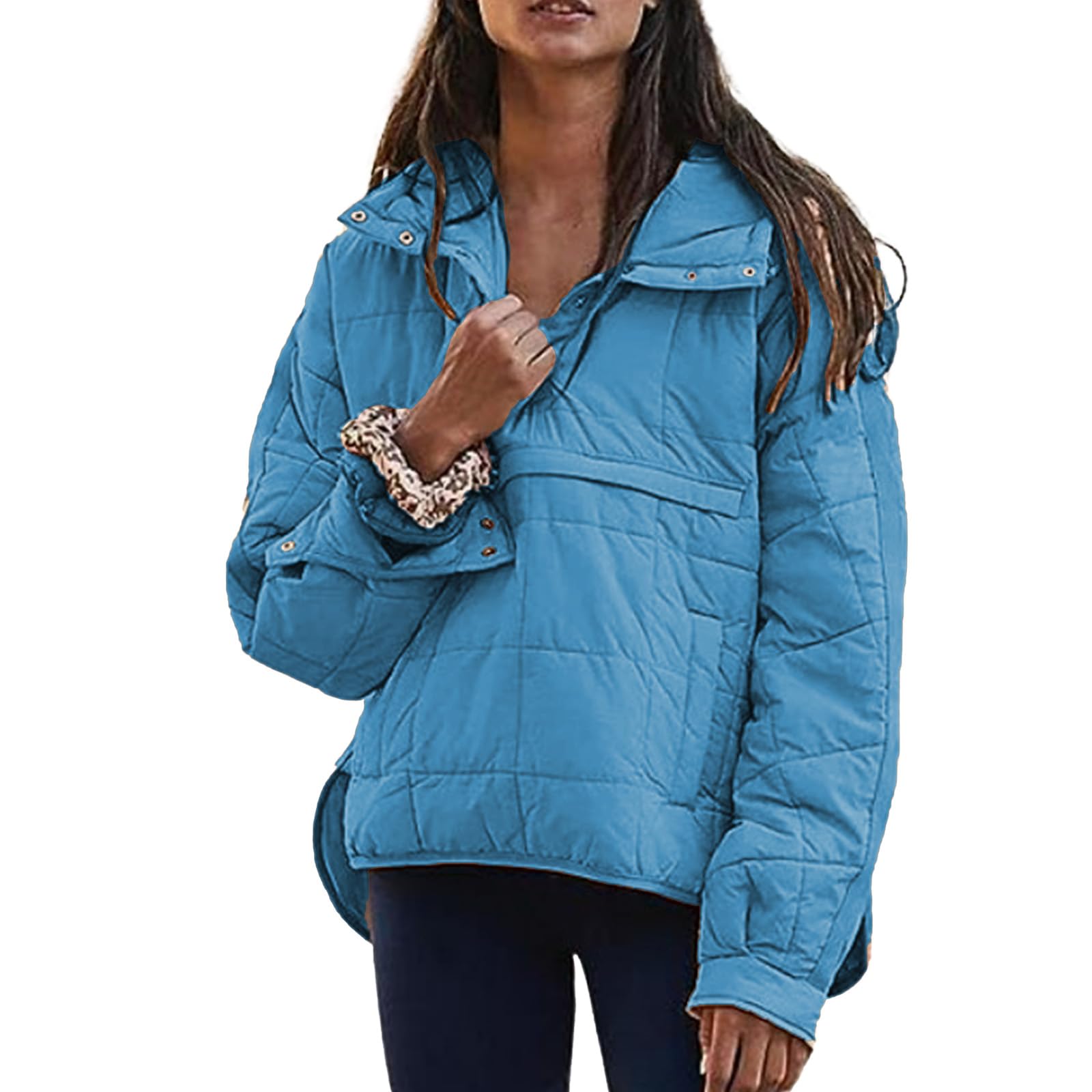 Women's Hooded Puffer Jacket Oversized Quilted Lightweight Winter Warm Pullover Down Jacket Padded Hoodies Coat Outwear Blue