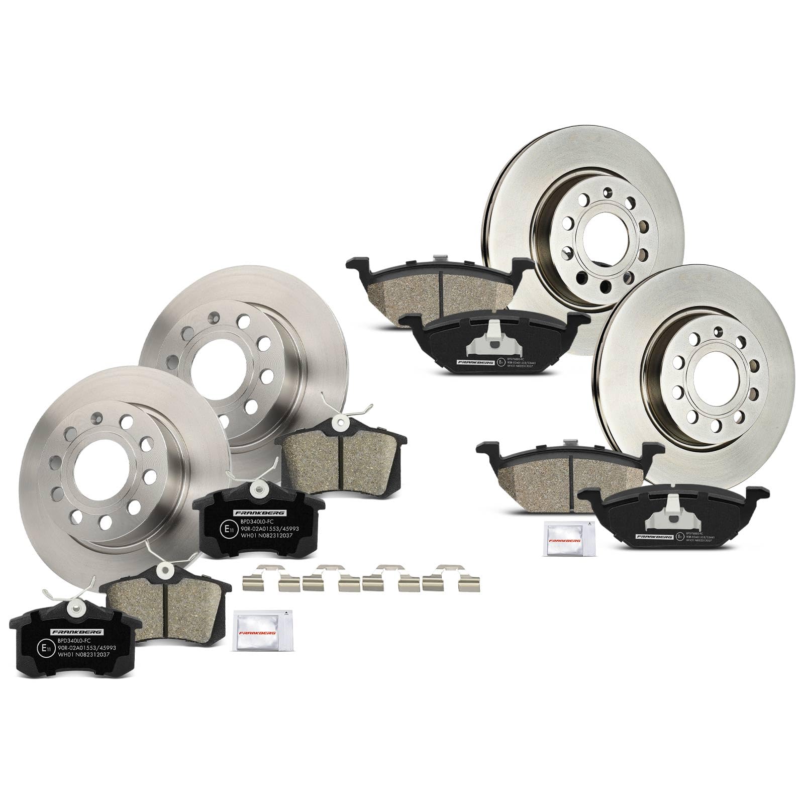 Frankberg 4 x tarcze hamulcowe + 8 x klocki hamulcowe przód tył 1E0698451 | JZW698151; Kompatybilny z Altea XL 5P5 5P8, A3 8P1, Golf Plus 521 5M1, O.c.t.a.v.i.a II 1Z3, Beetle 5C1 5C2, Golf VI 5K1