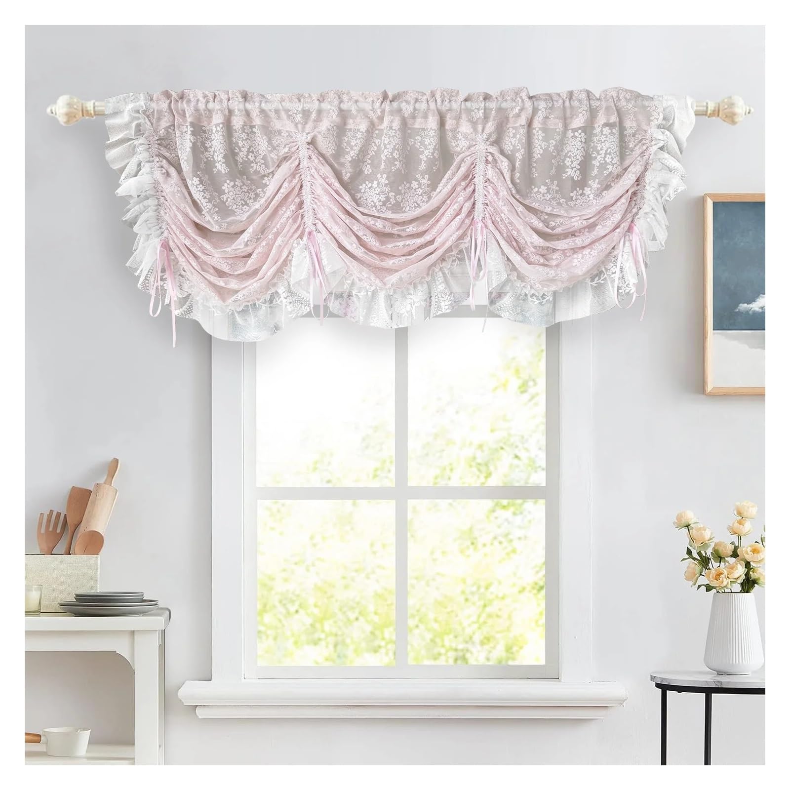 DFGRGRV Ruffle Curtains Pink Floral Lace Ruffled Sheer Balloon Curtain Liftable Up Voile Kitchen Curtain Light Filtering Cafe Small Window Valance