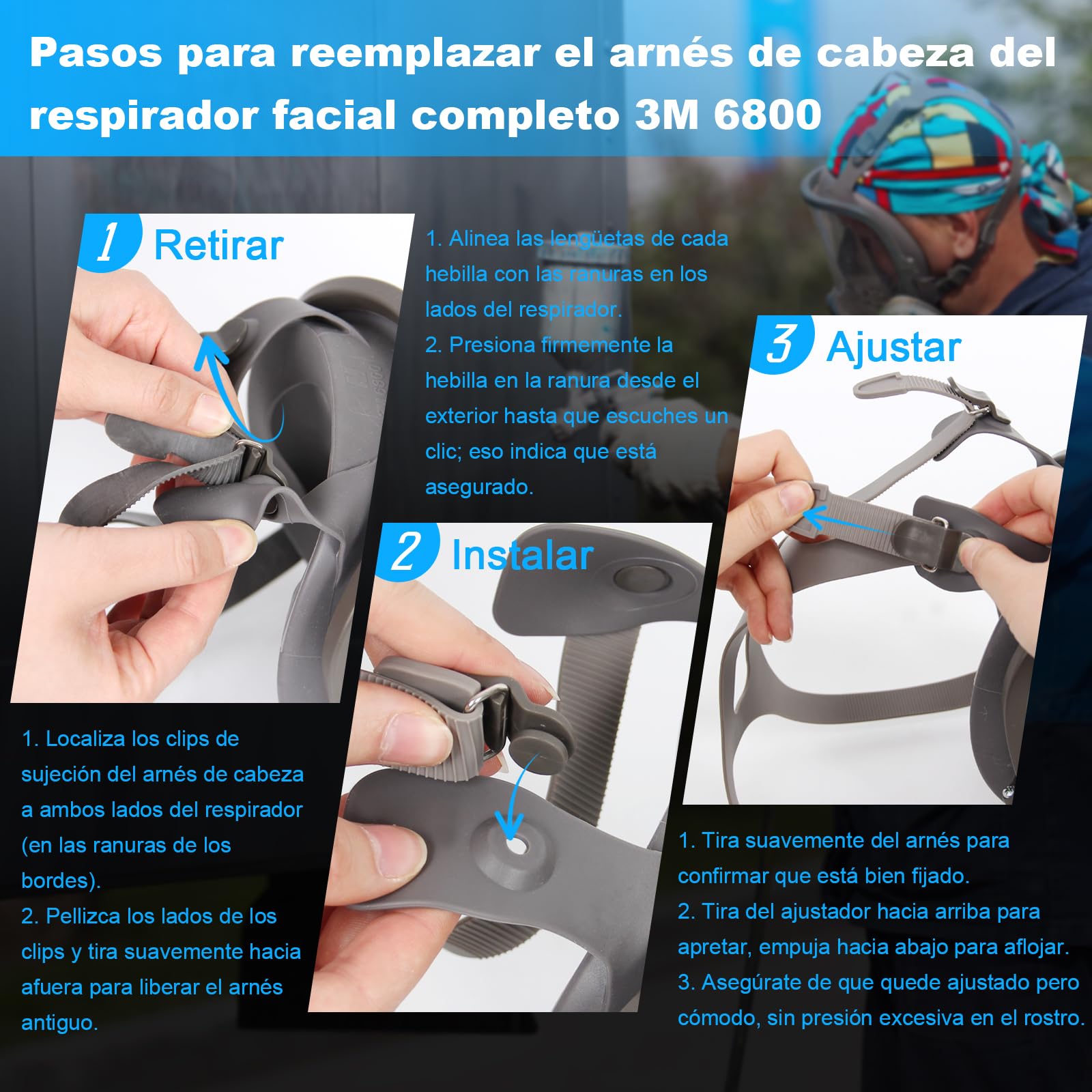 Arnés Para La Cabeza 6897 Compatible con serie 6000, 6700, 6800 y 6900 de 3M, Trudsafe 6800, Recambio de Arnés de Cabeza para Respirador Facial Completo